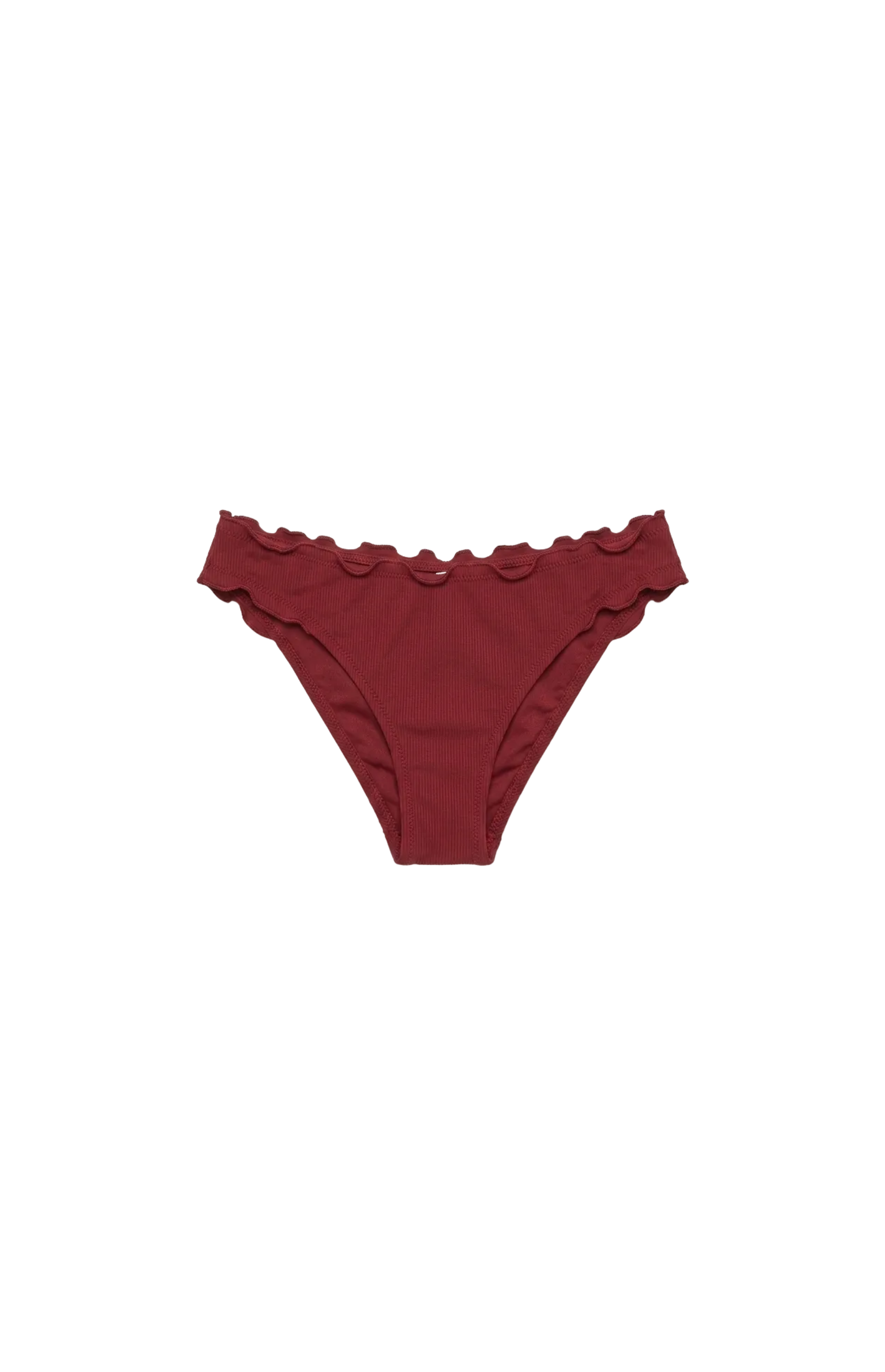 Designer Rhode bikini bottom for women in quick dry pink and burgundy ribbed fabric, mid-waist customized fit, cheeky coverage and plus sizes.