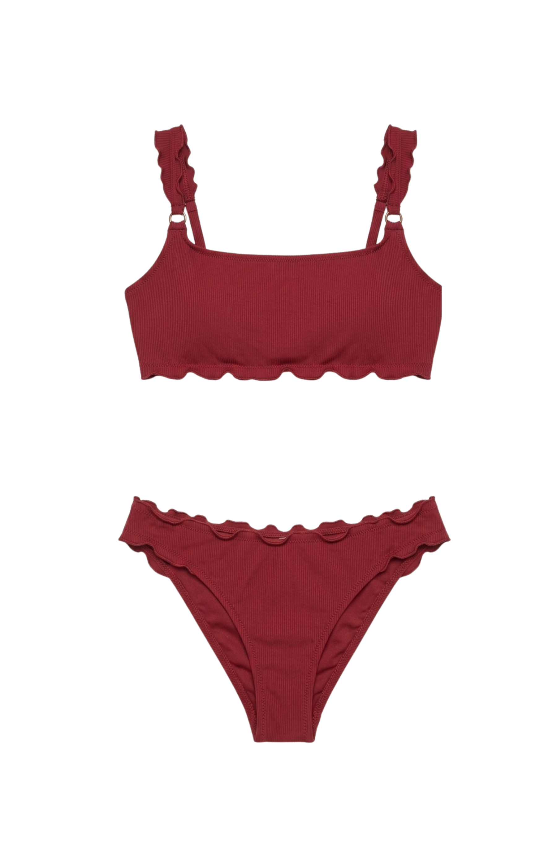 Designer, burgundy and pink Rhode bikini set for women in quick dry ribbed fabric, with mid waist bottom, ruffle trim, customized fit and plus sizes. Stylish swimwear for summer looks.