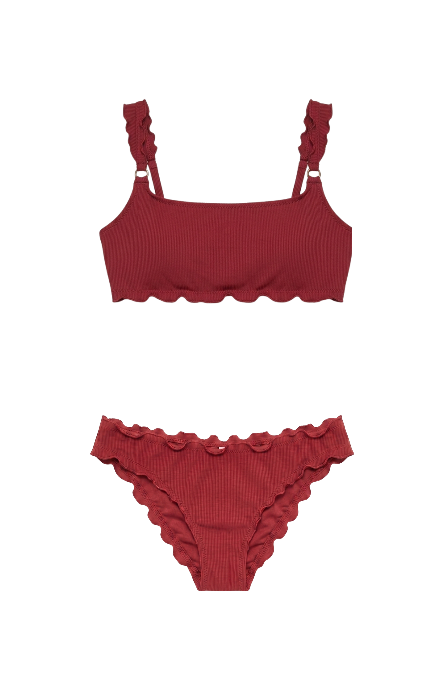 Designer burgundy and pink Rhode bikini set for women in quick dry ribbed fabric, scoop neckline, fixed shoulder straps, back clasp, mid waist bottom with cheeky coverage and plus sizes. Stylish swimwear for sexy beach and resort looks.