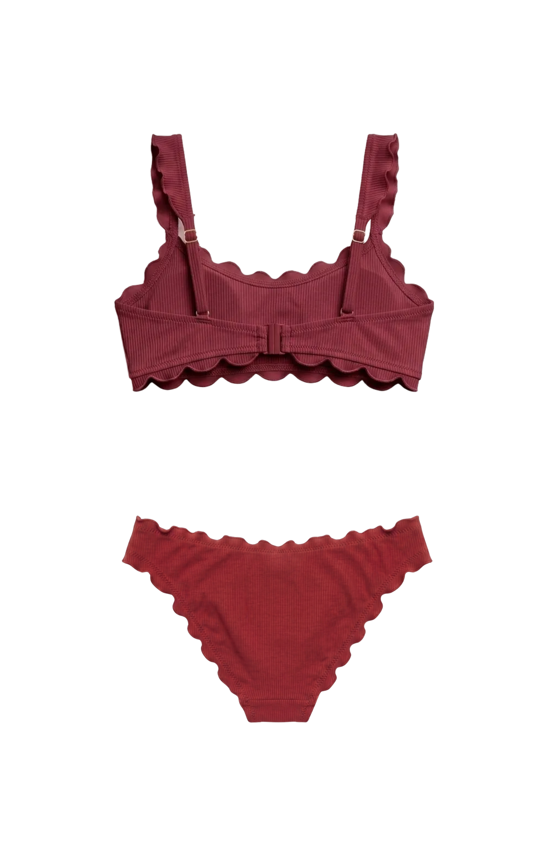 Designer burgundy and pink Rhode bikini set for women in quick dry ribbed fabric, scoop neckline, fixed shoulder straps, back clasp, mid waist bottom with cheeky coverage and plus sizes. Stylish swimwear for sexy beach and resort looks.