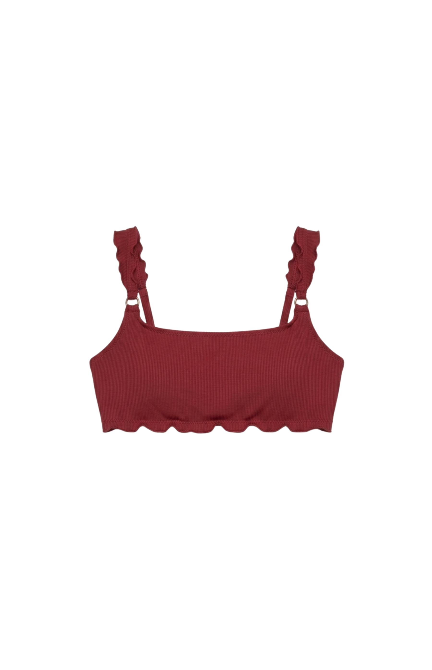 Designer Rhode Bikini Top for women in burgundy and pink with square neckline, ruffle trim and plus sizes. Stylish swimwear bikini set for sexy summer looks.