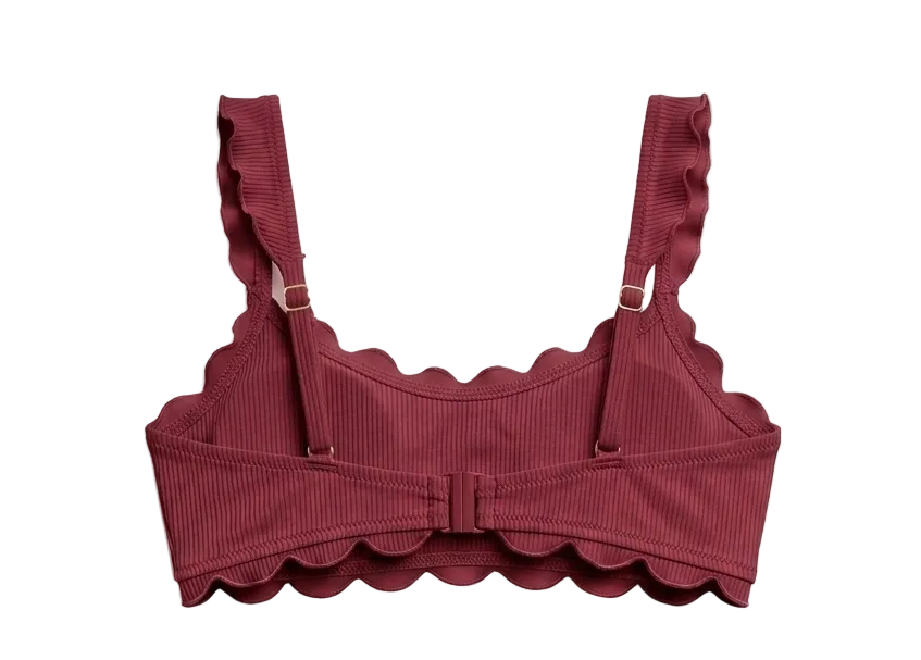 Designer Rhode Bikini Top for women in burgundy and pink with square neckline, ruffle trim and plus sizes. Stylish swimwear bikini set for sexy summer looks.