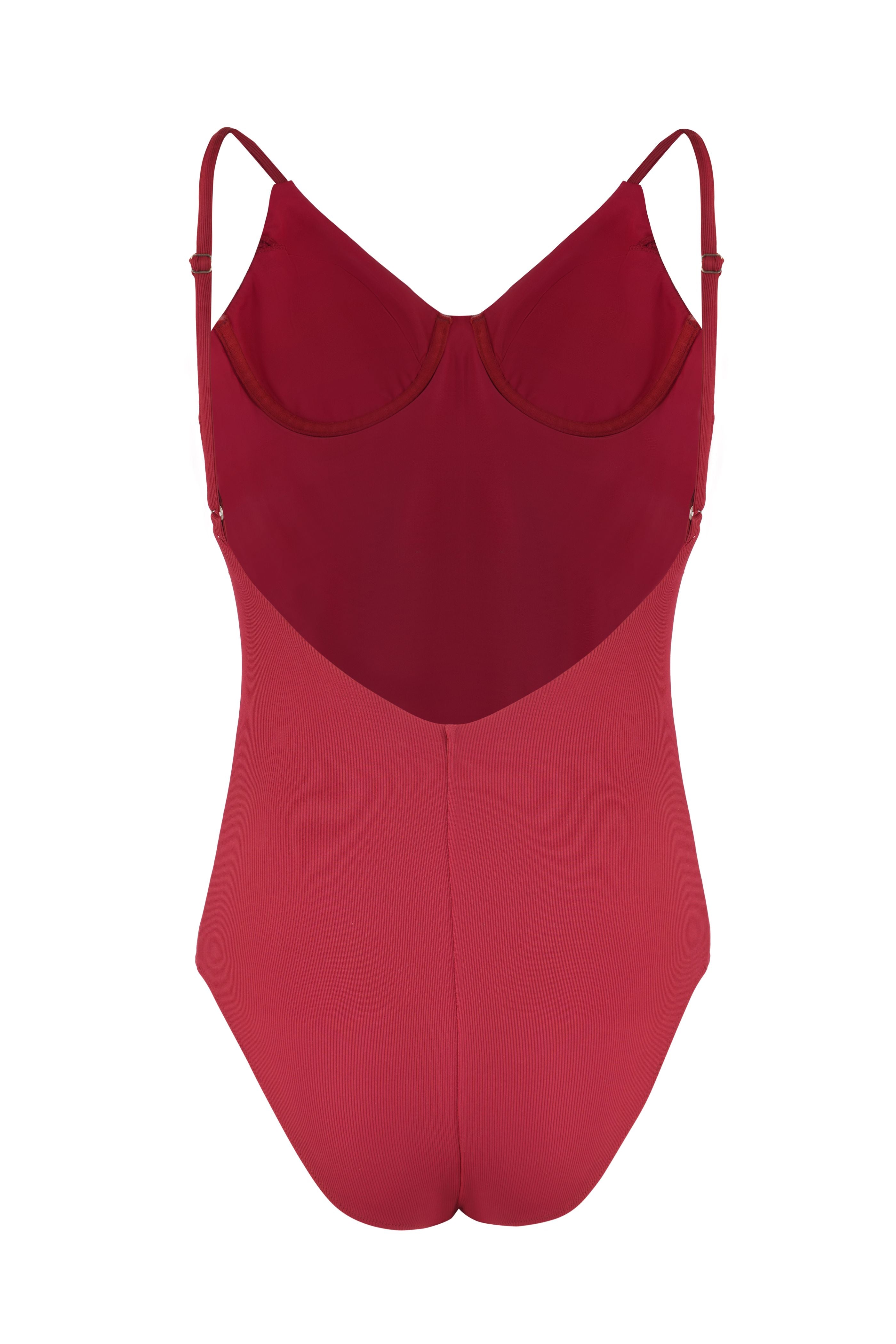 Designer Rhode Monokini swimsuit for women in burgundy, blue and pink quick-dry ribbed fabric with a scoop neckline, adjustable straps, underwire, deep V back and a high leg cut. Sexy, stylish swimwear for beach looks.