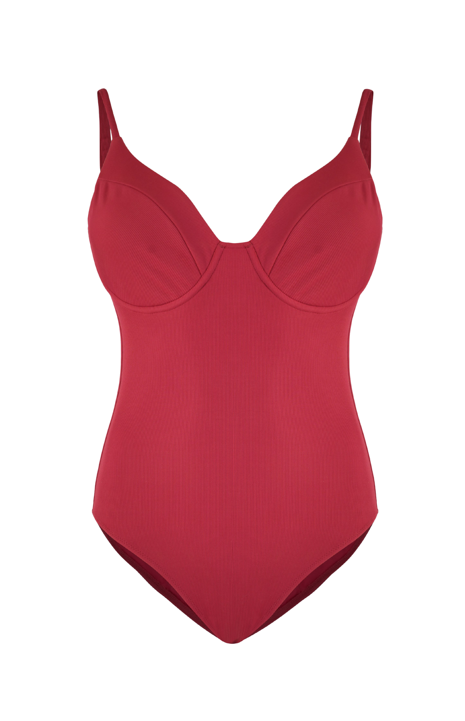 Designer Rhode Monokini swimsuit for women in burgundy, blue and pink quick-dry ribbed fabric with a scoop neckline, adjustable straps, underwire, deep V back and a high leg cut. Sexy, stylish swimwear for beach looks.