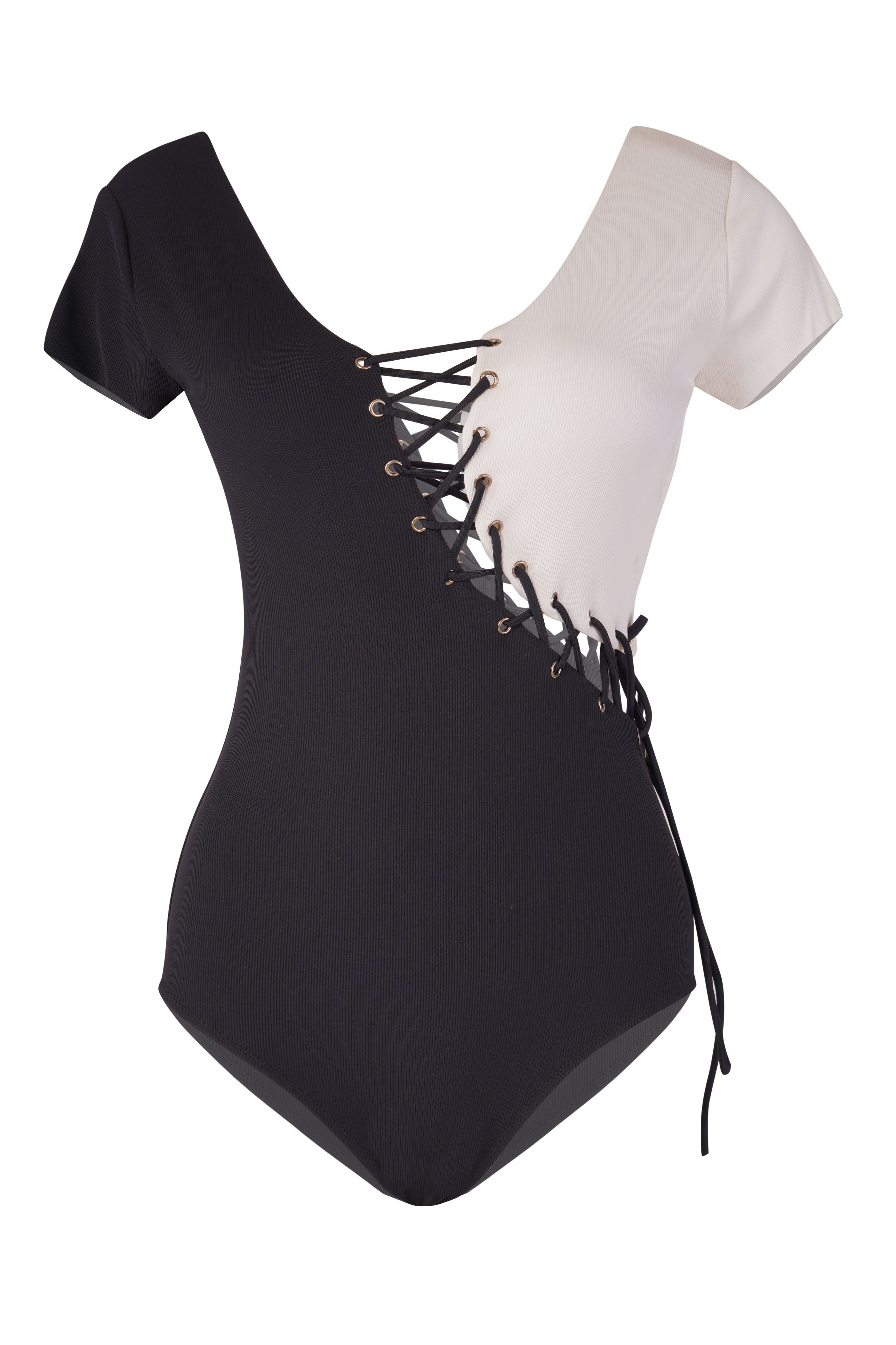 Designer Roma one-piece swimsuit for women with lace up design, contrasting black and white tones, adjustable straps, matching family sets and plus sizes.Stylish, customizable swimwear for beach looks and holiday outings.