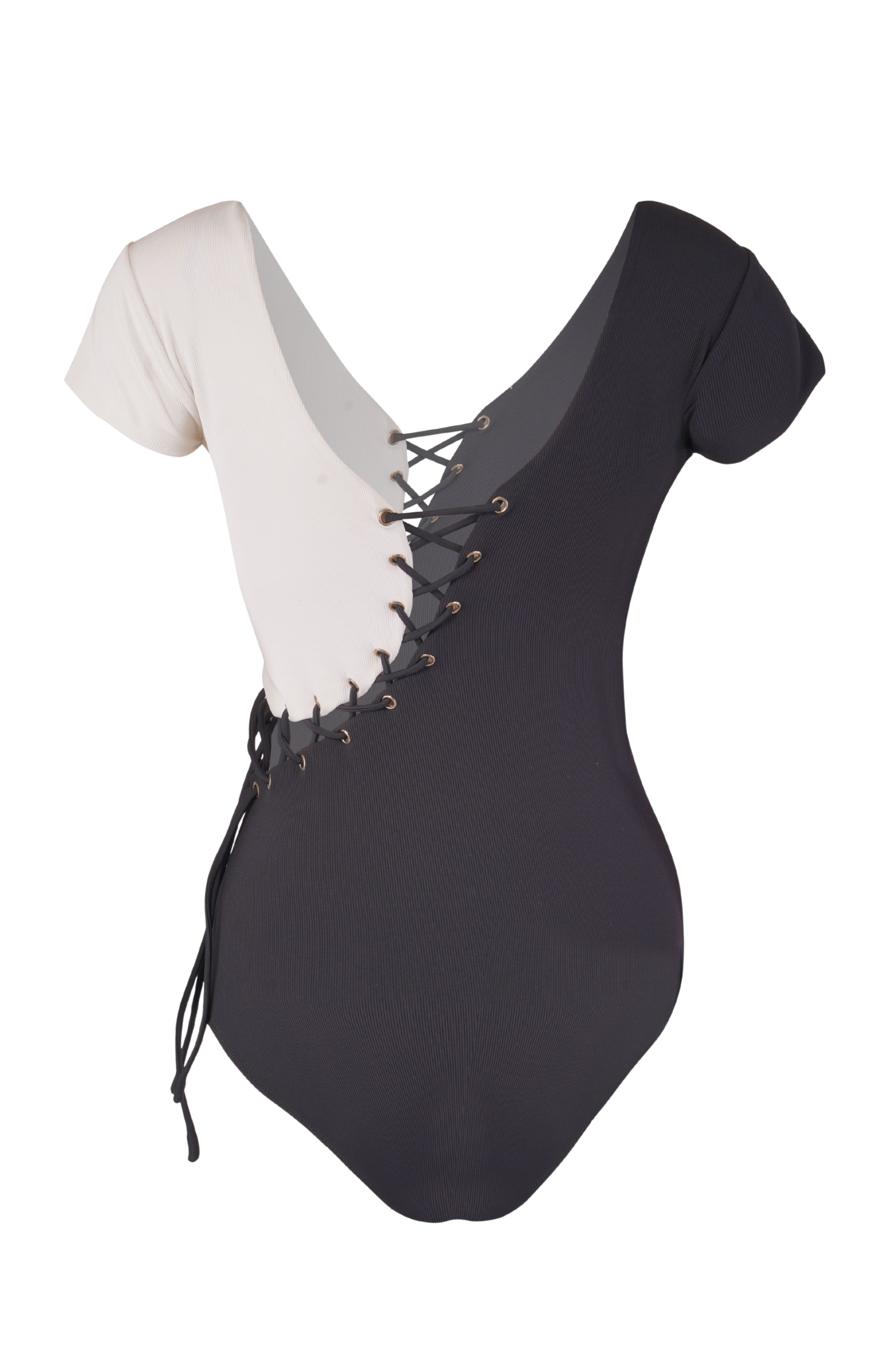 Designer Roma one-piece swimsuit for women with lace up design, contrasting black and white tones, adjustable straps, matching family sets and plus sizes.Stylish, customizable swimwear for beach looks and holiday outings.