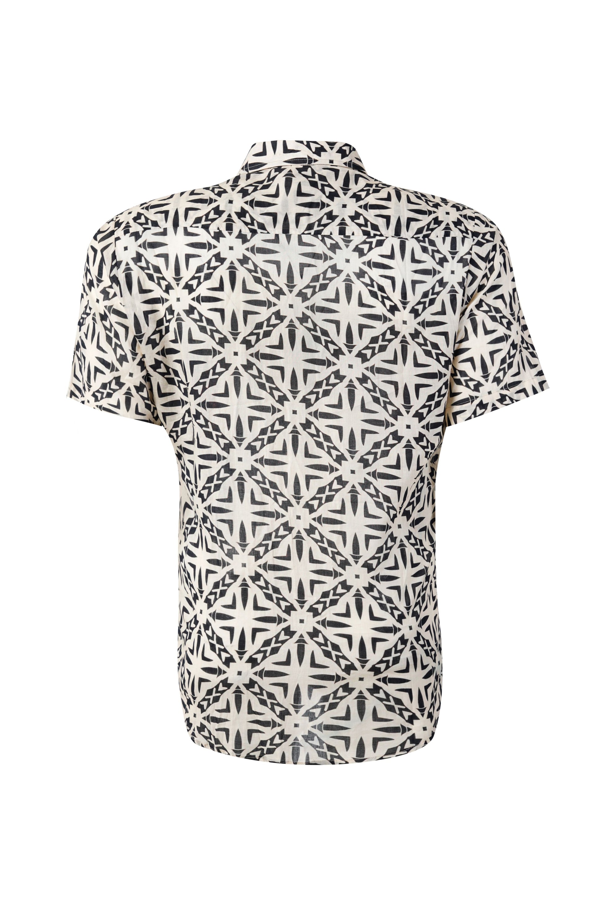 Roma shirt for men featuring a modern geometric print, breathable sustainable fabric, and stylish resort-ready beachwear design.
