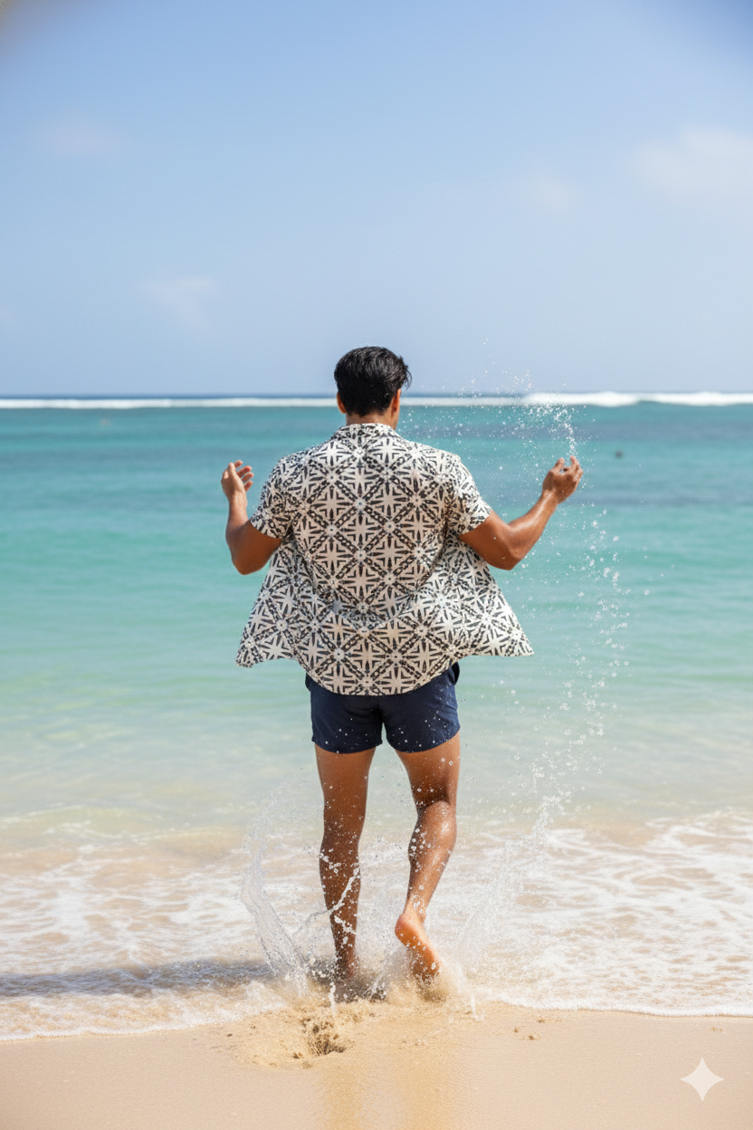 Roma shirt for men featuring a modern geometric print, breathable sustainable fabric, and stylish resort-ready beachwear design.