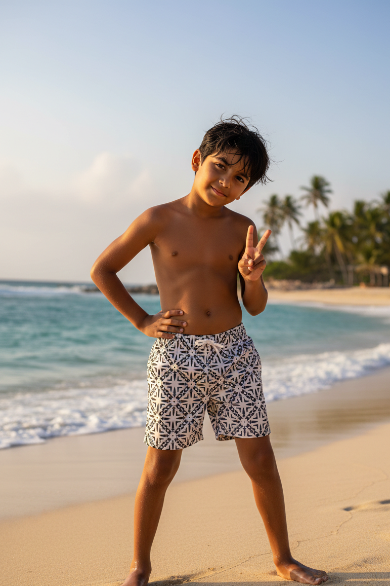 Roma shorts for boys in modern geometric print breathable sustainable beachwear swimwear shorts for boys