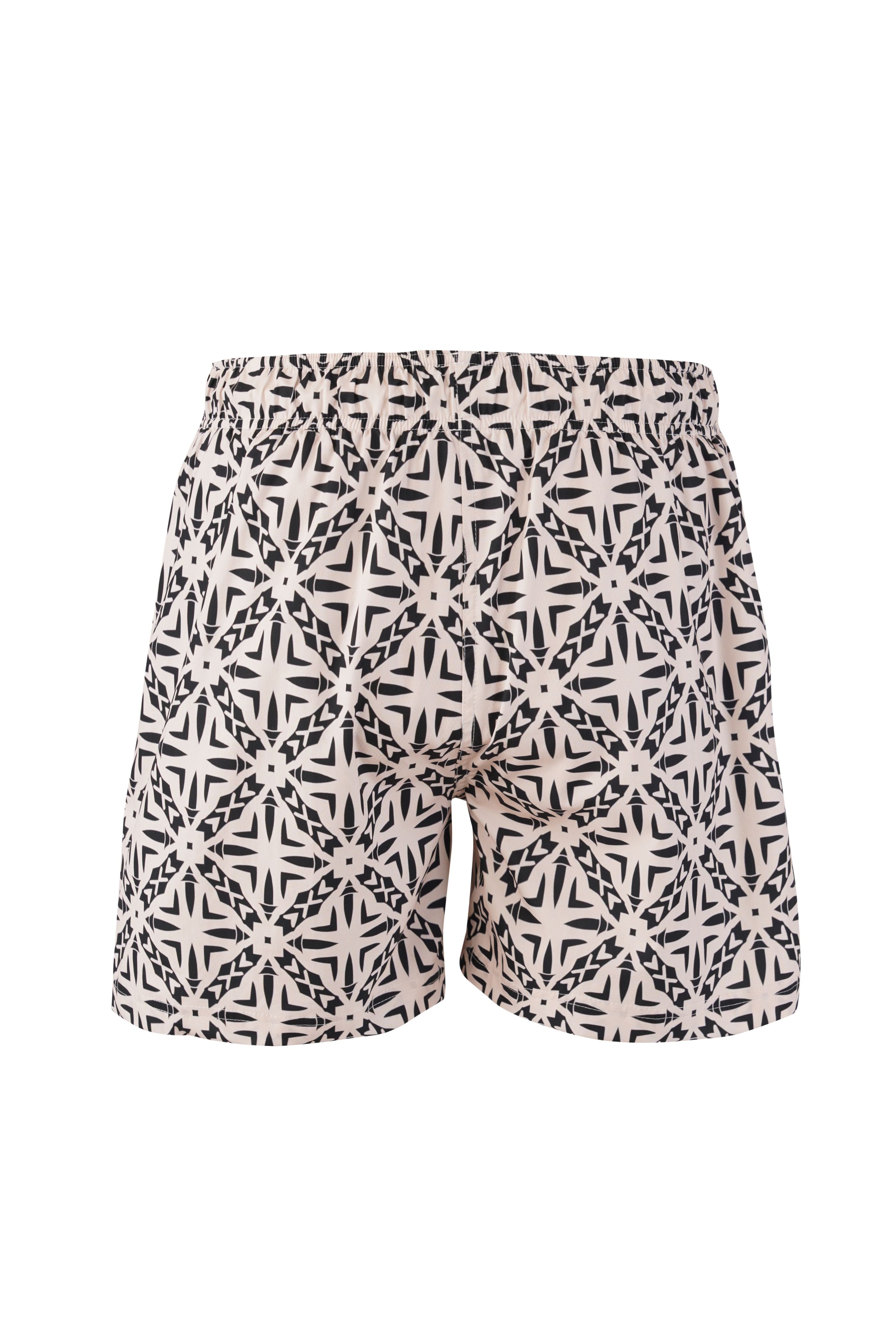 Designer Roma shorts for men in quick-dry fabric with geometric print, elastic waistband, drawstring, plus sizes and matching family set. Comfortable and lightweight swimwear for summers or any holiday outings.