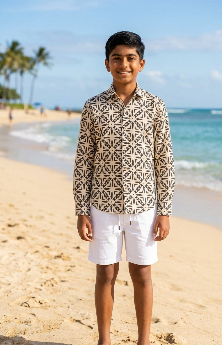 Designer Roma Shirt for boys in quick dry cotton fabric, with geometric print, half sleeves, plus sizes and matching family sets. Comfortable, lightweight beachwear and resort wear for summer outings.