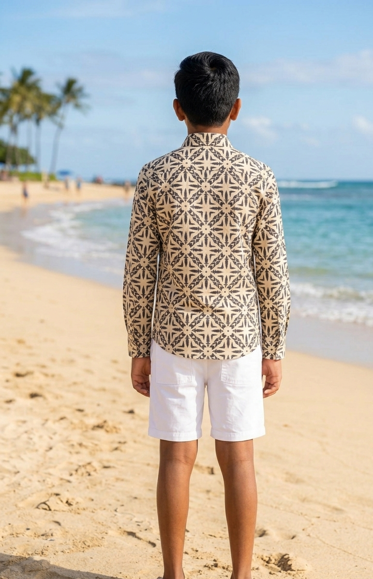 Designer Roma Shirt for boys in quick dry cotton fabric, with geometric print, half sleeves, plus sizes and matching family sets. Comfortable, lightweight beachwear and resort wear for summer outings.