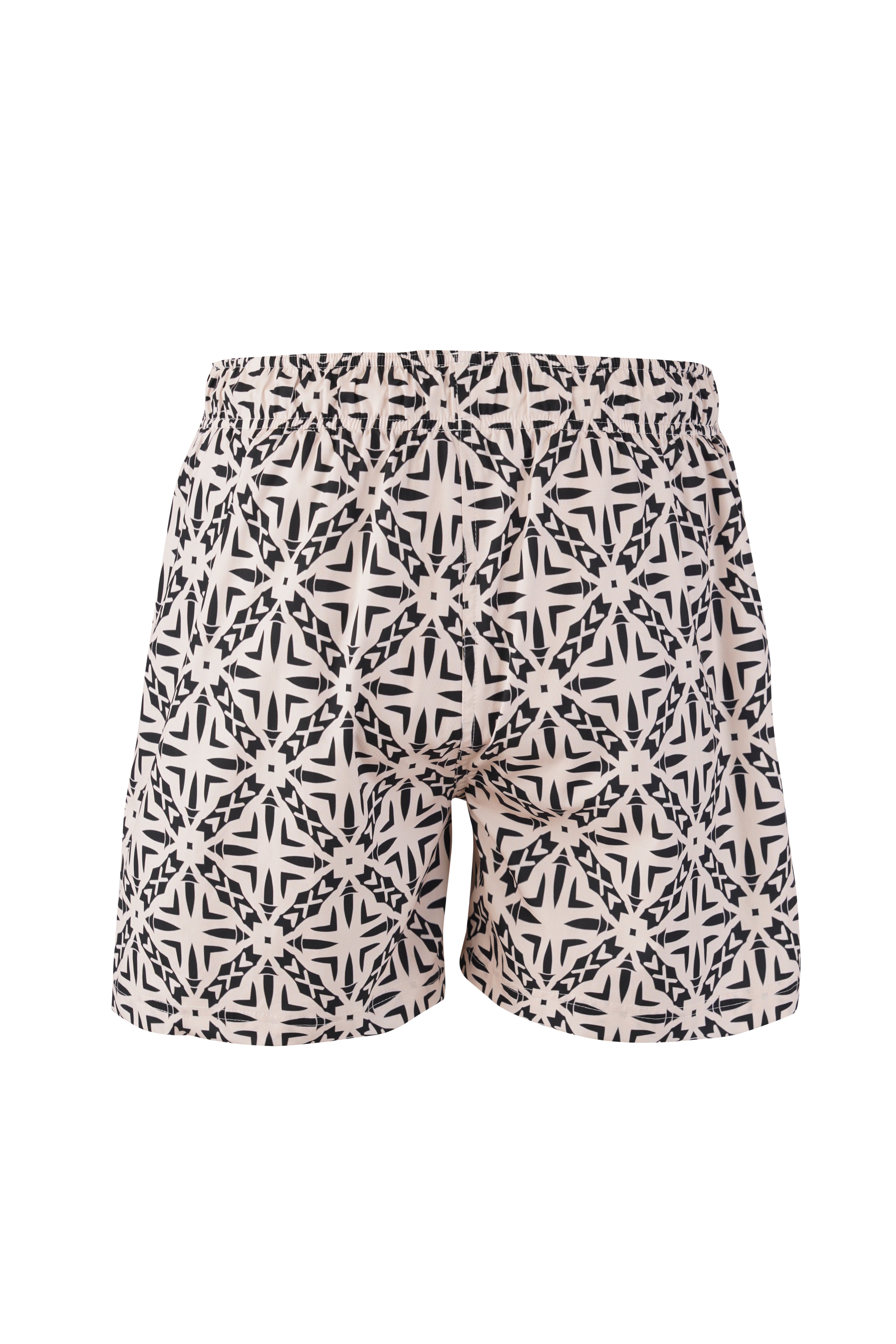 Designer Roma boy's swim shorts, in sustainable, quick-dry fabric with geometric design, elastic waistband, adjustable drawstring, plus sizes and family set. Comfortable swimwear for beach and holiday outings.