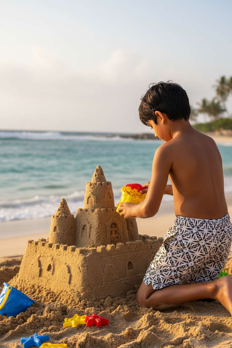 Designer Roma boy's swim shorts, in sustainable, quick-dry fabric with geometric design, elastic waistband, adjustable drawstring, plus sizes and family set. Comfortable swimwear for beach and holiday outings.