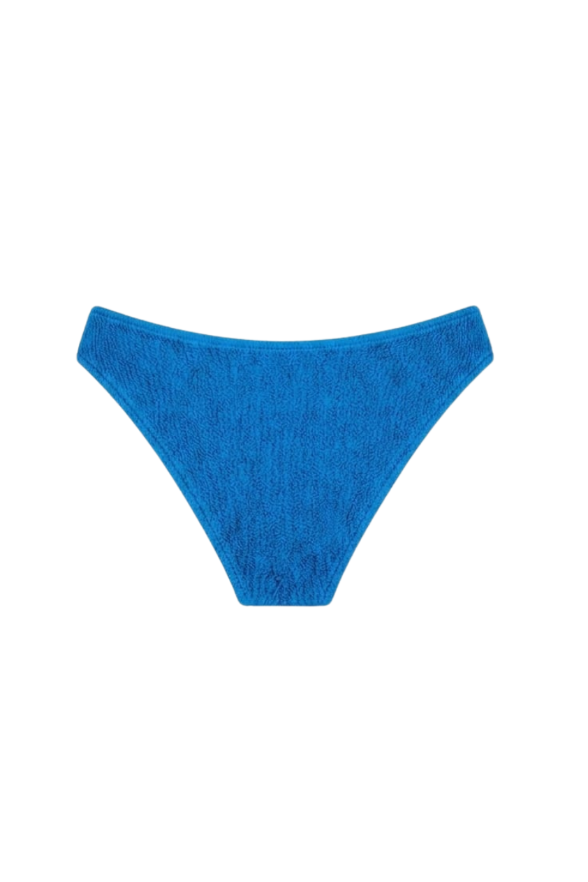 Designer pink and bright blue Salacia bikini bottom for women in quick-dry crinkled fabric, low-waist fit with regular butt coverage, SPF 50+ UV protection and plus sizes. Customizable, cheeky bottoms for sexy summer looks.