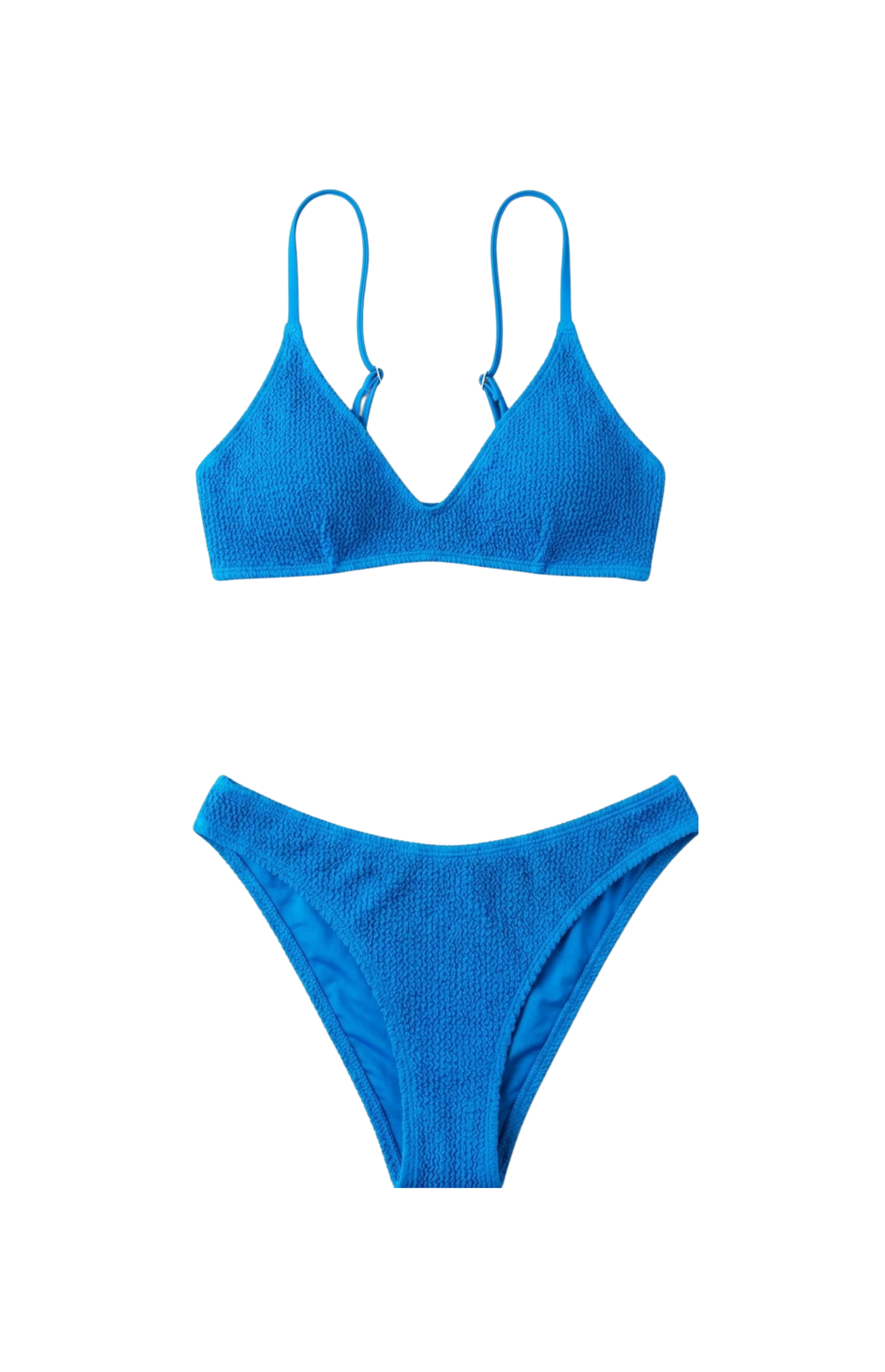 Designer, custom fit pink and blue Salacia bikini set for women in quick-dry crinkled fabric, with removable cups, low-waist bottom, SPF 50 UV protection and plus sizes. Stylish swimwear for sexy summer looks.