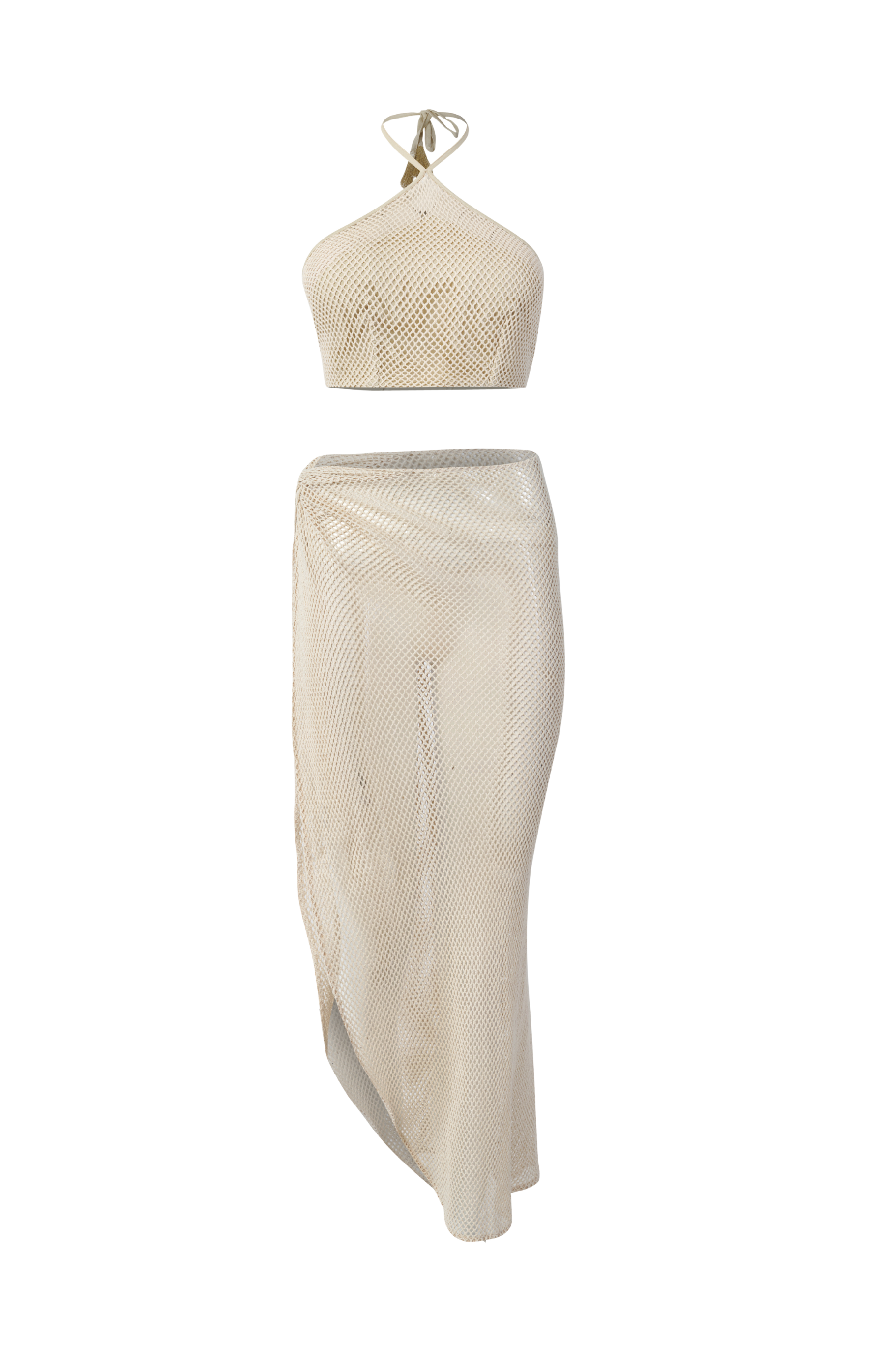 Designer Bare Sand Co-ord set for women in mesh fabric, with a halter necktie and a maxi skirt with a high side slit. Stylish beach cover up dress.