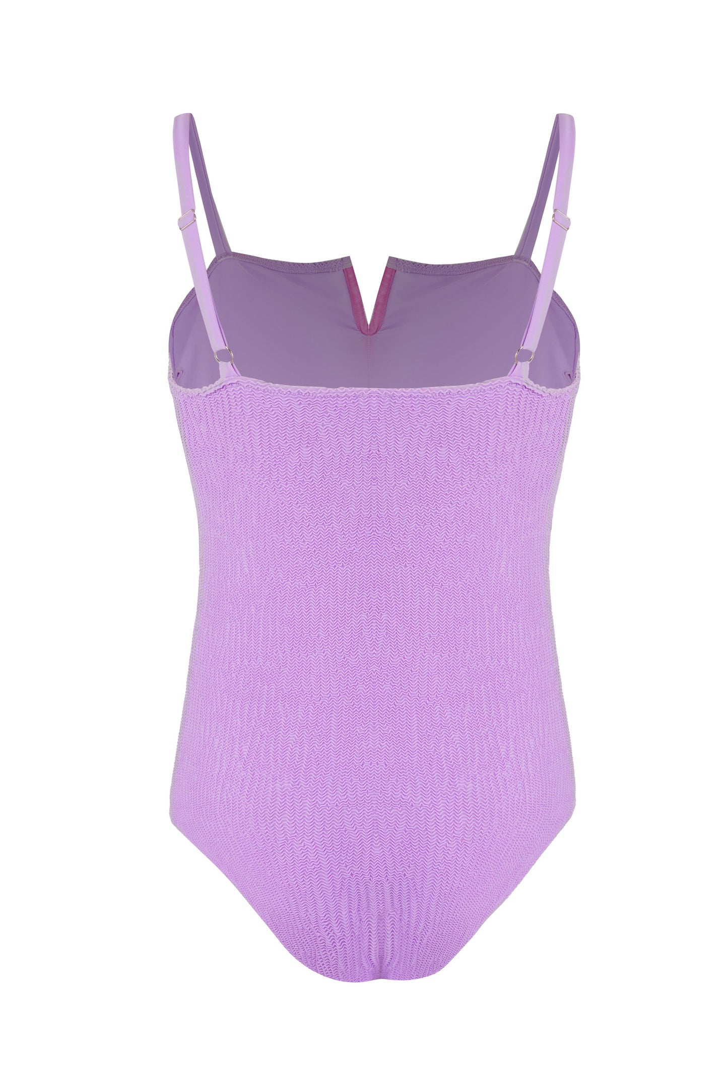 Sicily monokini for women, a one piece swimsuit in purple and pink textured fabric with an elegant V neckline and adjustable straps.