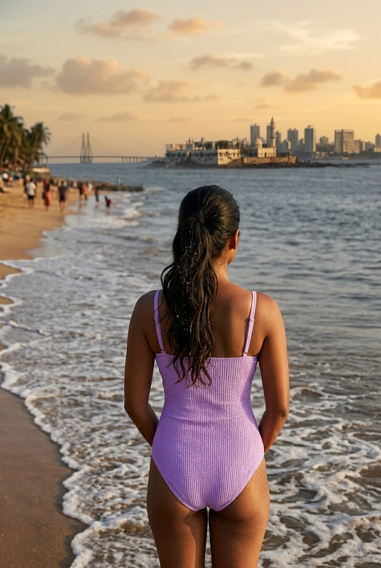 Sicily monokini for women, a one piece swimsuit in purple and pink textured fabric with an elegant V neckline and adjustable straps.