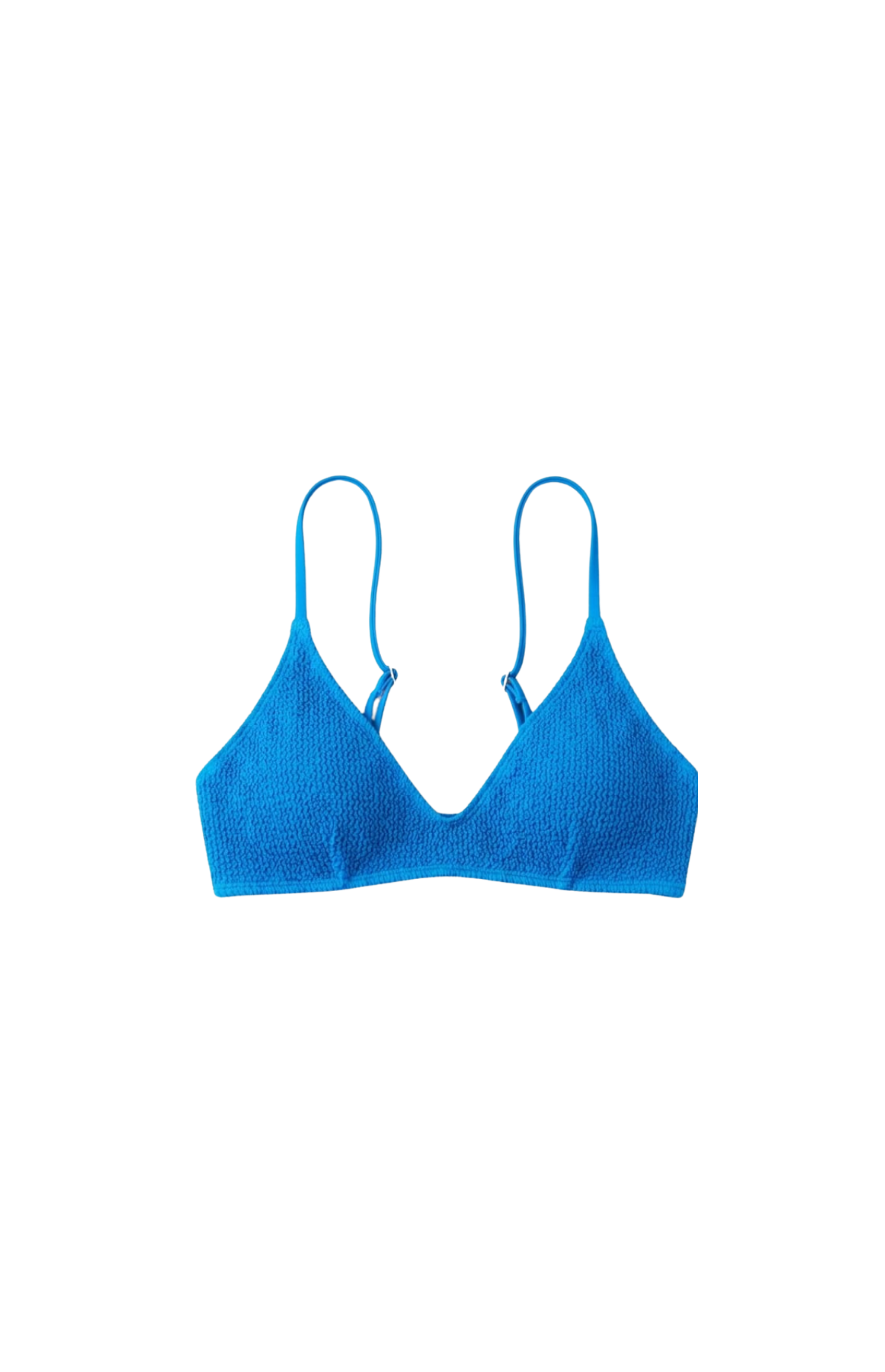 Designer, custom fit hot pink & blue Salacia bikini top for women in crinkled textured quick-dry fabric with removable cups, adjustable straps and plus sizes. Stylish bikini top swimwear for sexy summer looks.