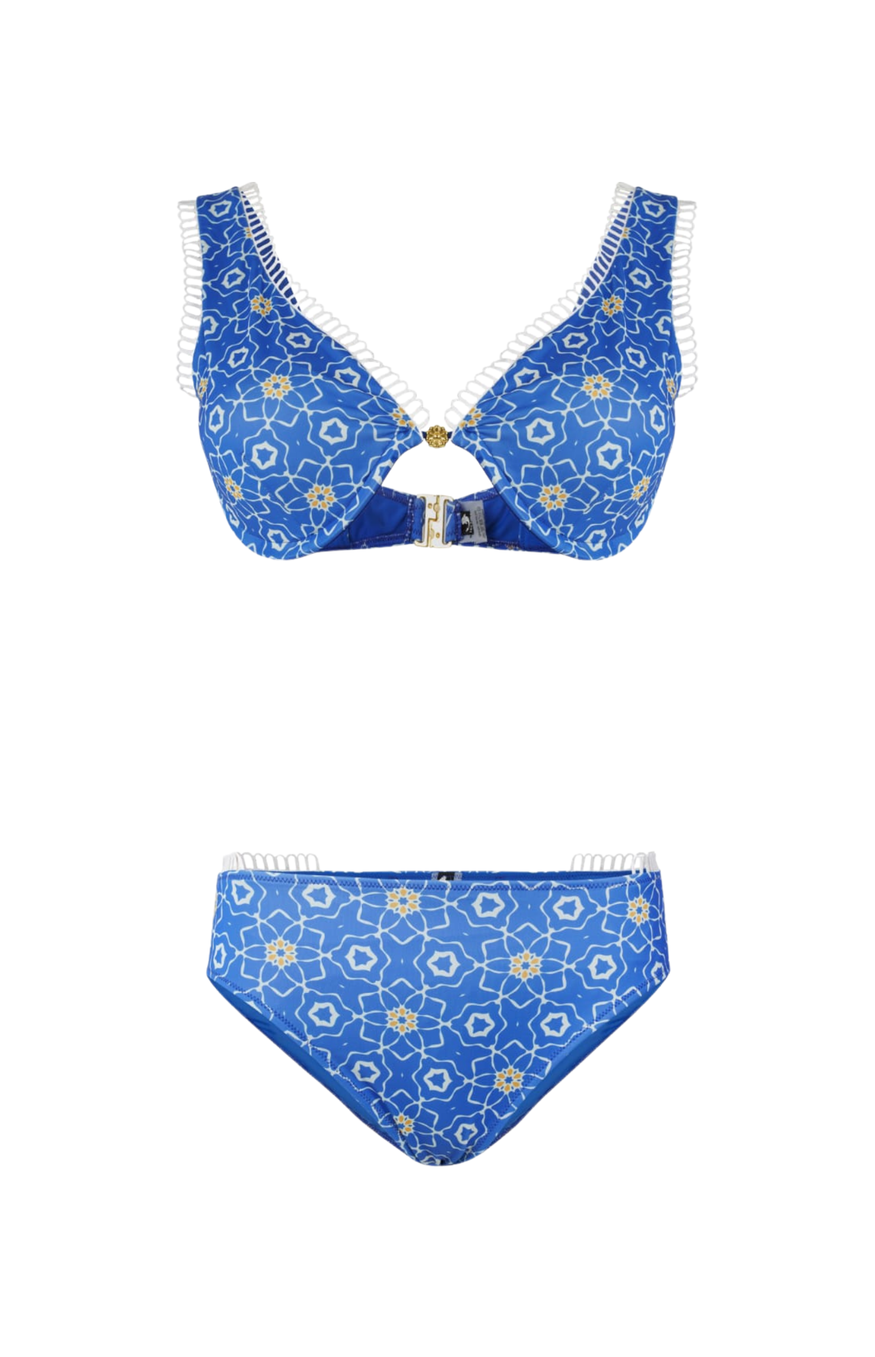 Designer Sorrento Bikini Set for women in sustainable, printed blue fabric, with lace, triangle cut design, adjustable straps, secured back clasp, low waist bottom, custom fit and plus sizes. Sexy swimwear.