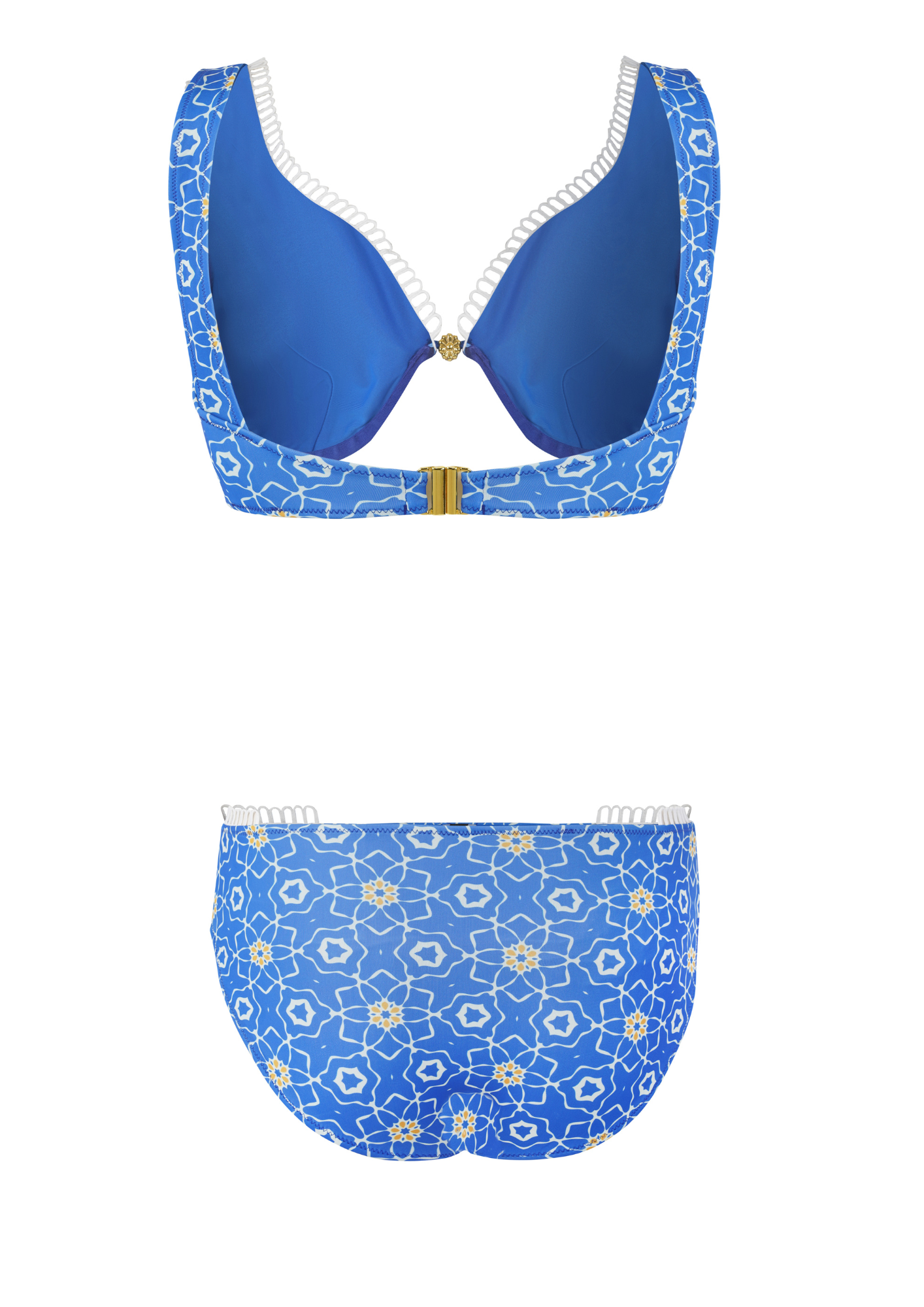 Designer, sustainable Sorrento Bikini Set for women with lace trim, triangle cut design, thick straps, secured back clasp, charm accent at the center and low waist bottom with regular coverage.  Sexy swimwear bikini set for holidays or beach and resort looks.