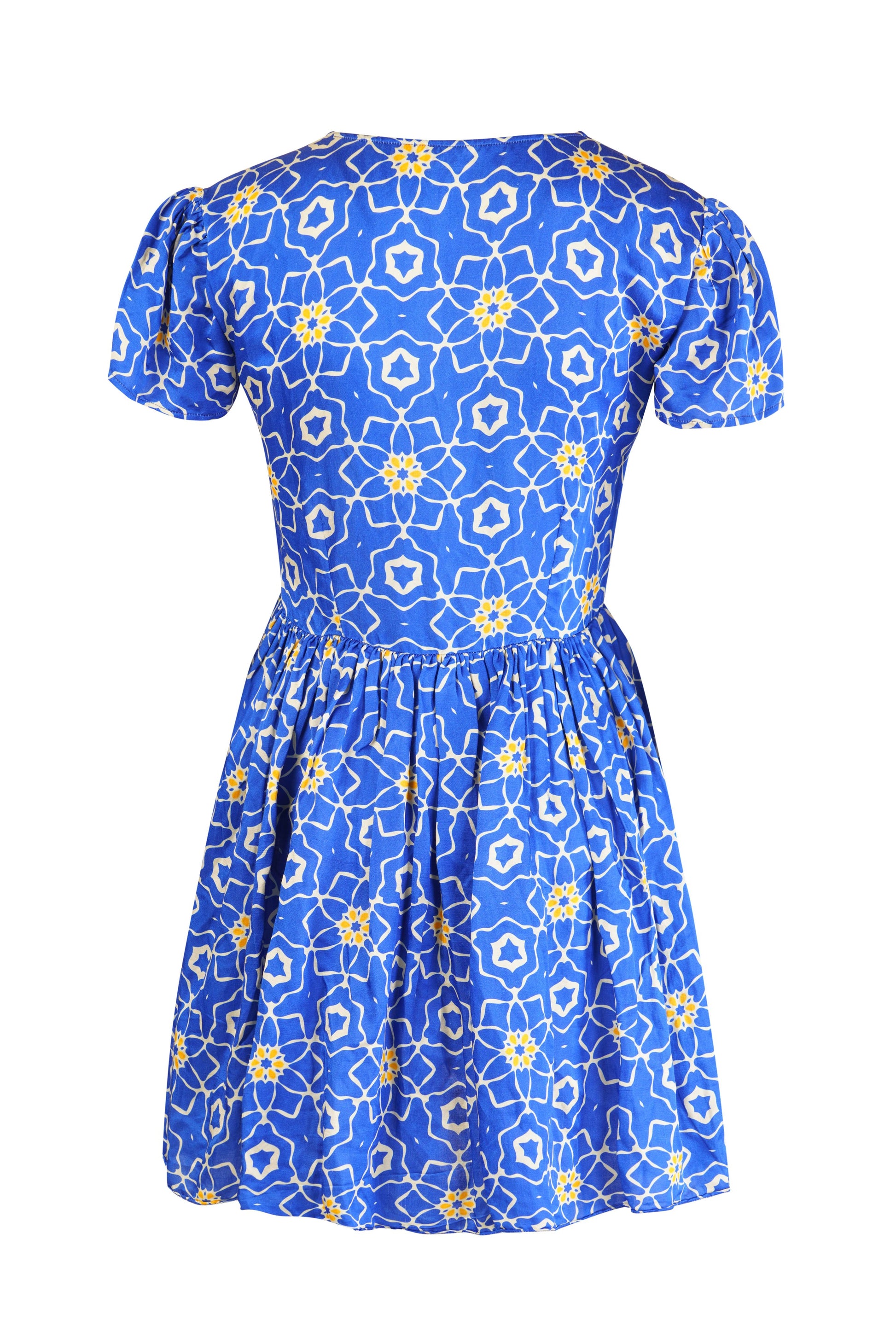 Sorrento dress for women featuring a blue geometric print, breathable sustainable fabric, and stylish beachwear resort wear design.