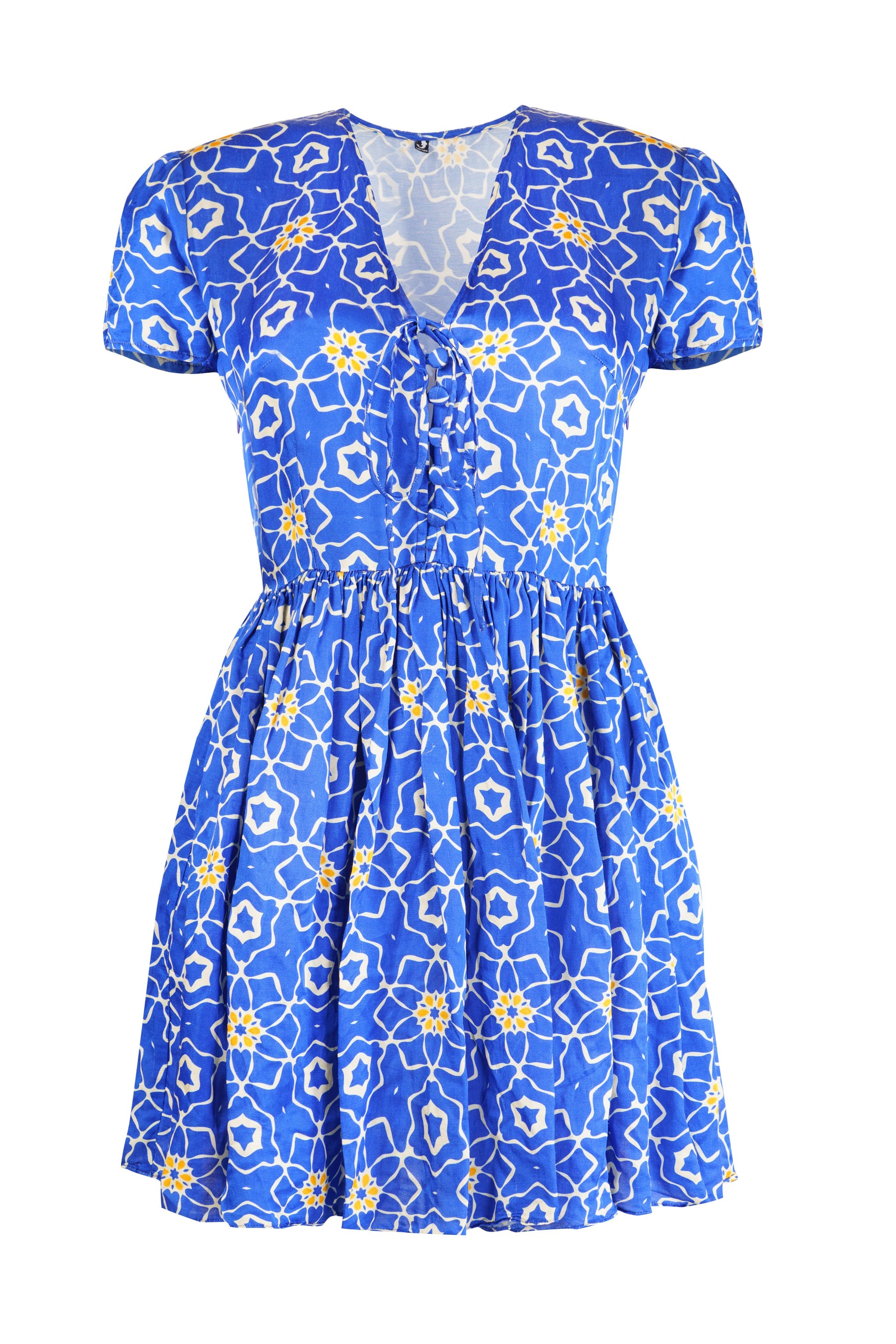 Sorrento dress for women featuring a blue geometric print, breathable sustainable fabric, and stylish beachwear resort wear design.