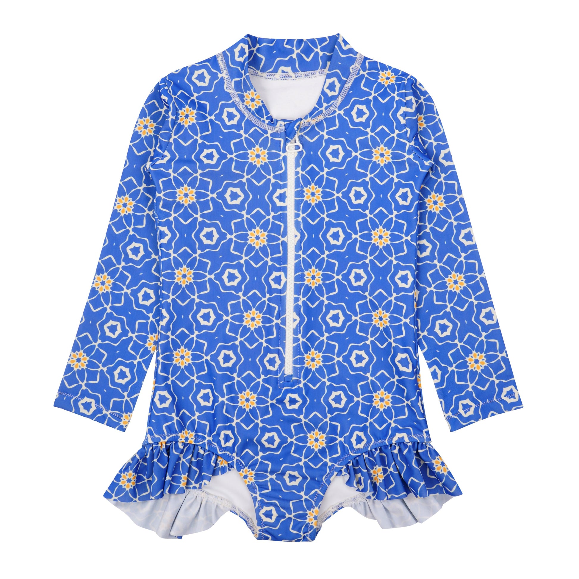 Sorrento girls long sleeve blue floral swimsuit with front zip and ruffle hem, UV swimwear for kids up to 12 years