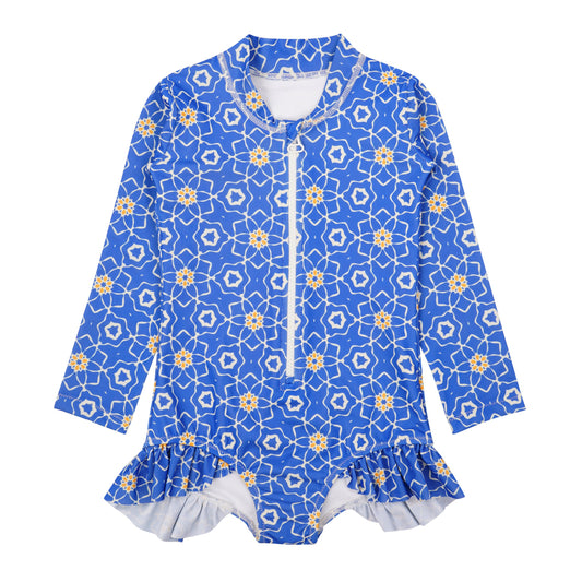 Sorrento girls long sleeve blue floral swimsuit with front zip and ruffle hem, UV swimwear for kids up to 12 years