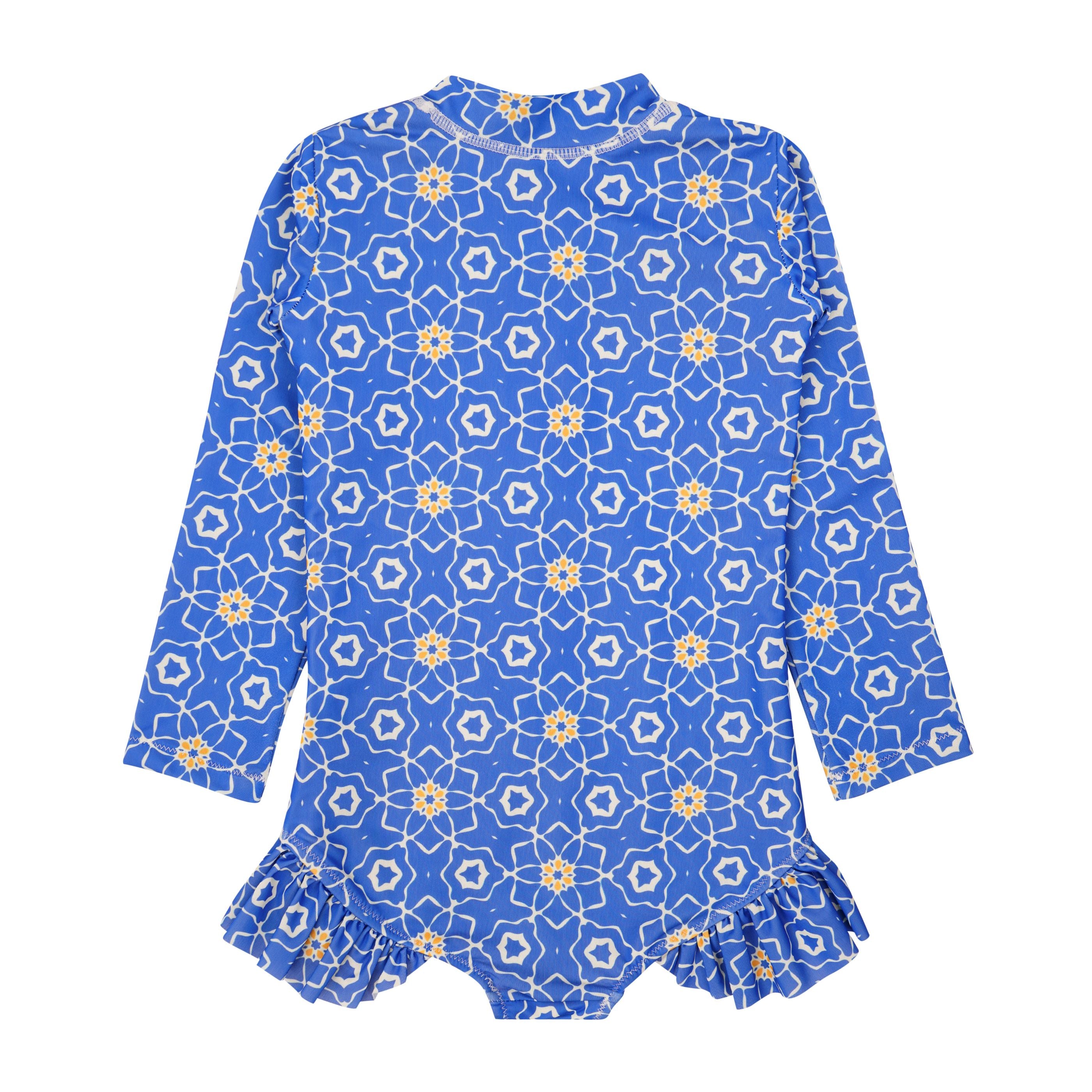 Designer Sorrento swimsuit for girls in sustainable quick-dry fabric, with front zip, full sleeves for SPF 50 UV sun protection, ruffled hip, plus sizes and matching family set. Comfortable swimwear for your little ones.