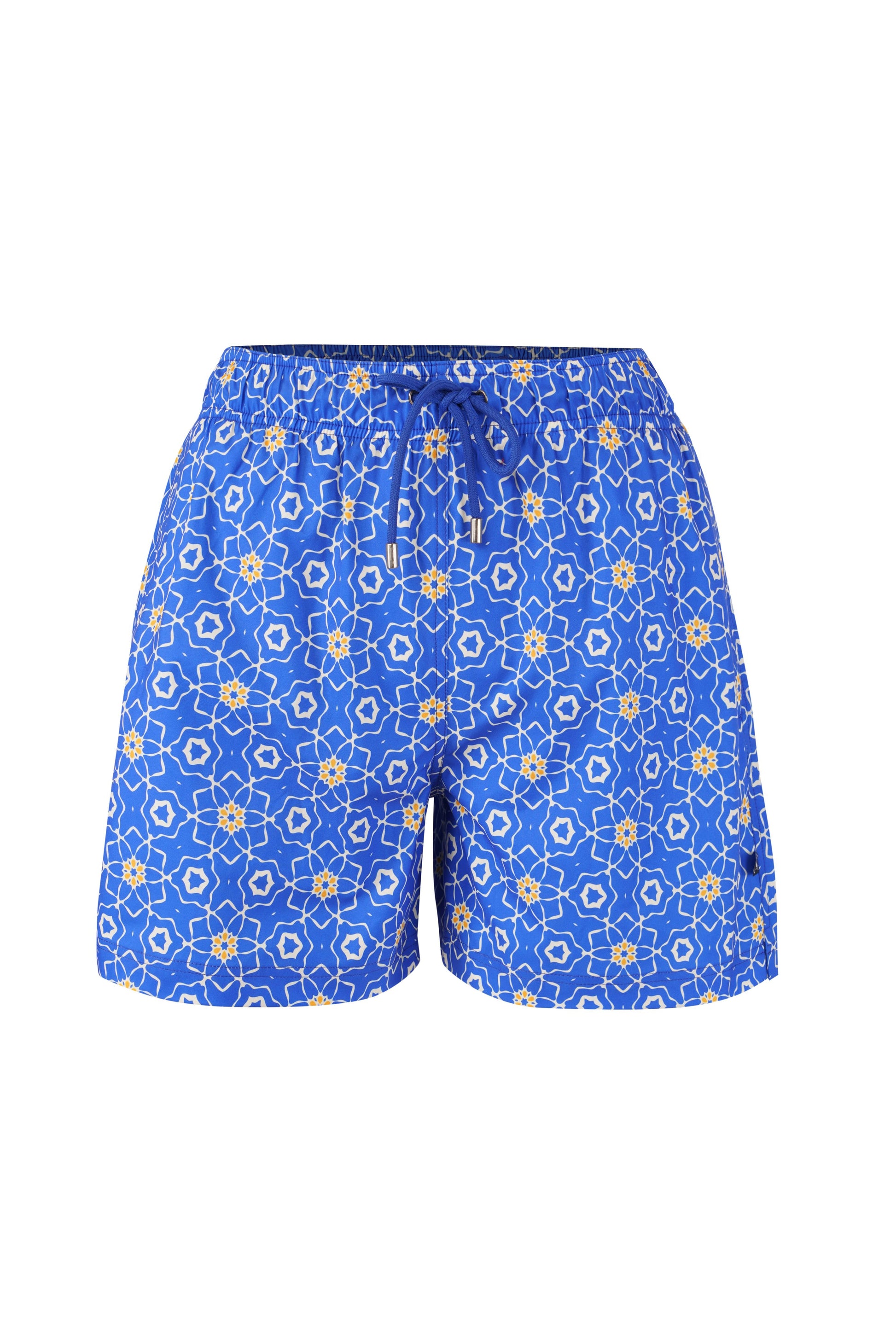 Sorrento swimwear shorts for men and boys with a blue Italian print, breathable sustainable fabric, perfect for beach and resort wear.