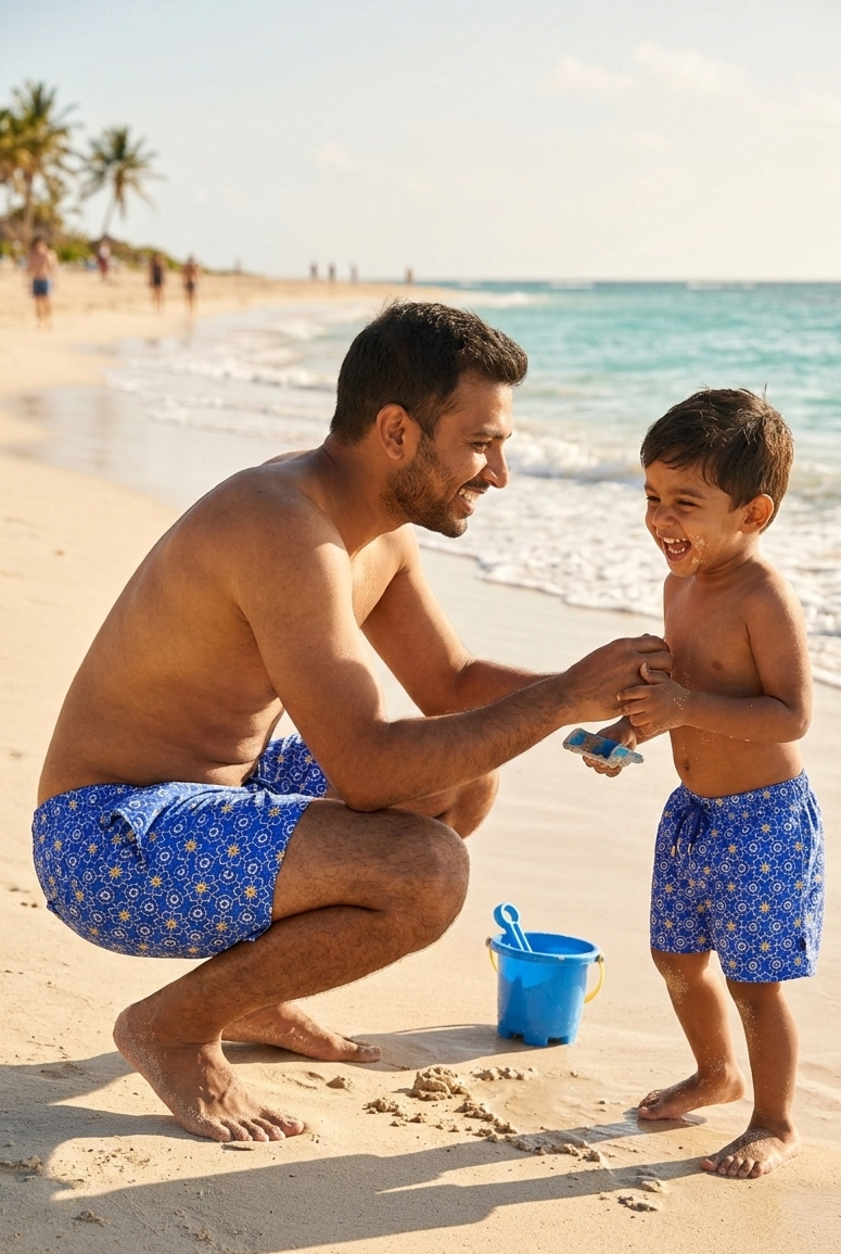 Sorrento swimwear shorts for men and boys with a blue Italian print, breathable sustainable fabric, perfect for beach and resort wear.