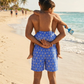 Sorrento swimwear shorts for men  and boys with a blue Italian print, breathable sustainable fabric, perfect for beach and resort wear.