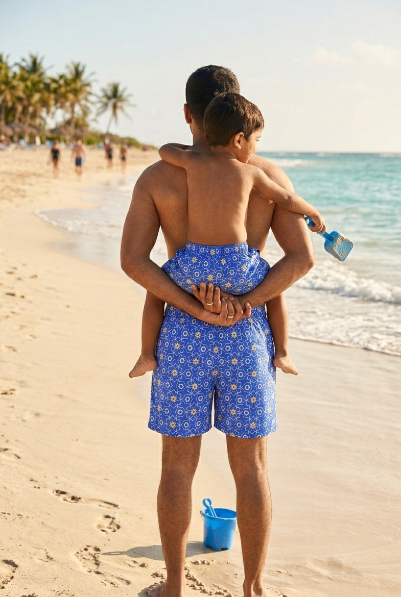 Sorrento swimwear shorts for men  and boys with a blue Italian print, breathable sustainable fabric, perfect for beach and resort wear.