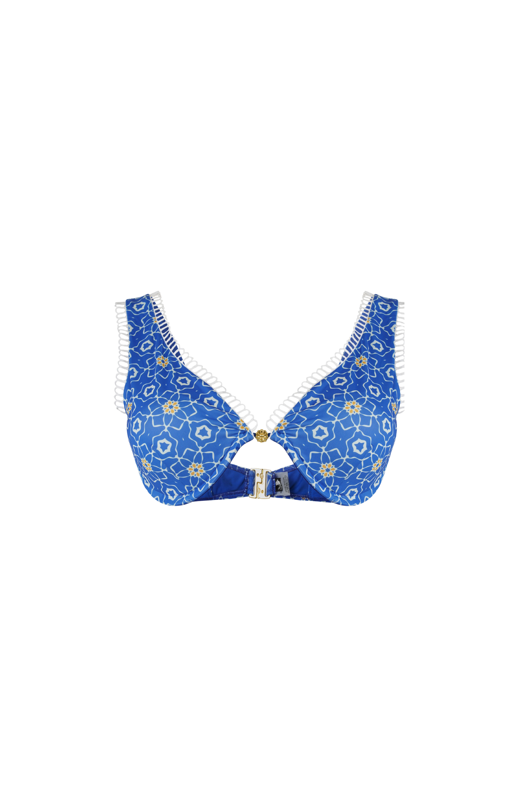 Designer Sorrento bikini top for women in quick-dry blue sustainable fabric, V neckline, underwire, removable cups and plus sizes. Stylish bikini set for sexy summer looks.
