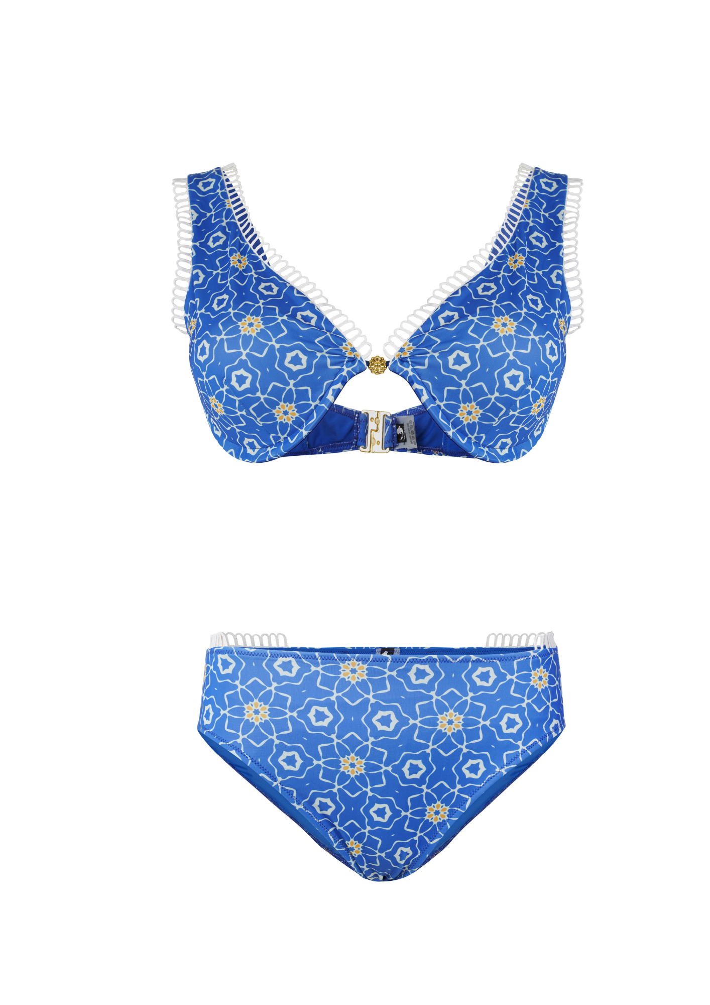 Blue floral bikini set with underwire top and high-waist bottoms