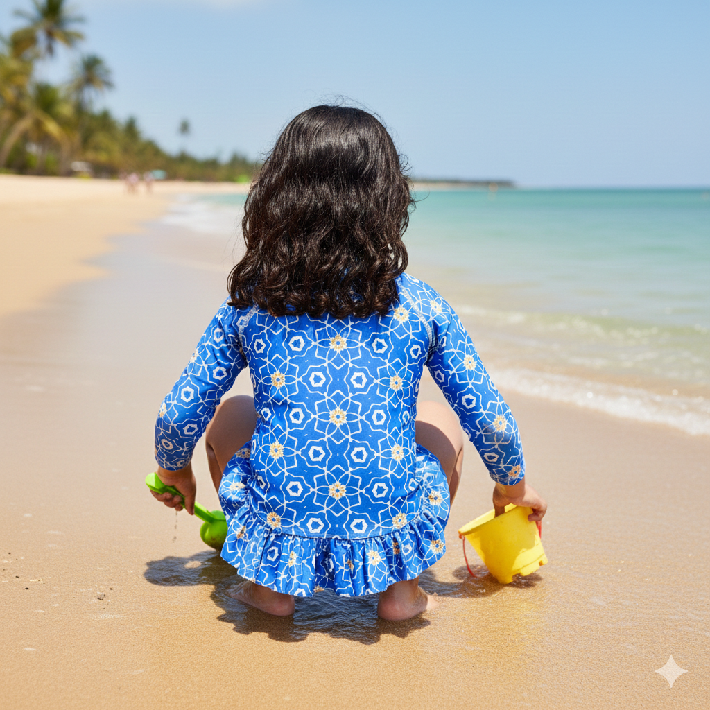 Sorrento girls long sleeve blue floral swimsuit with front zip and ruffle hem, UV swimwear for kids up to 12 years