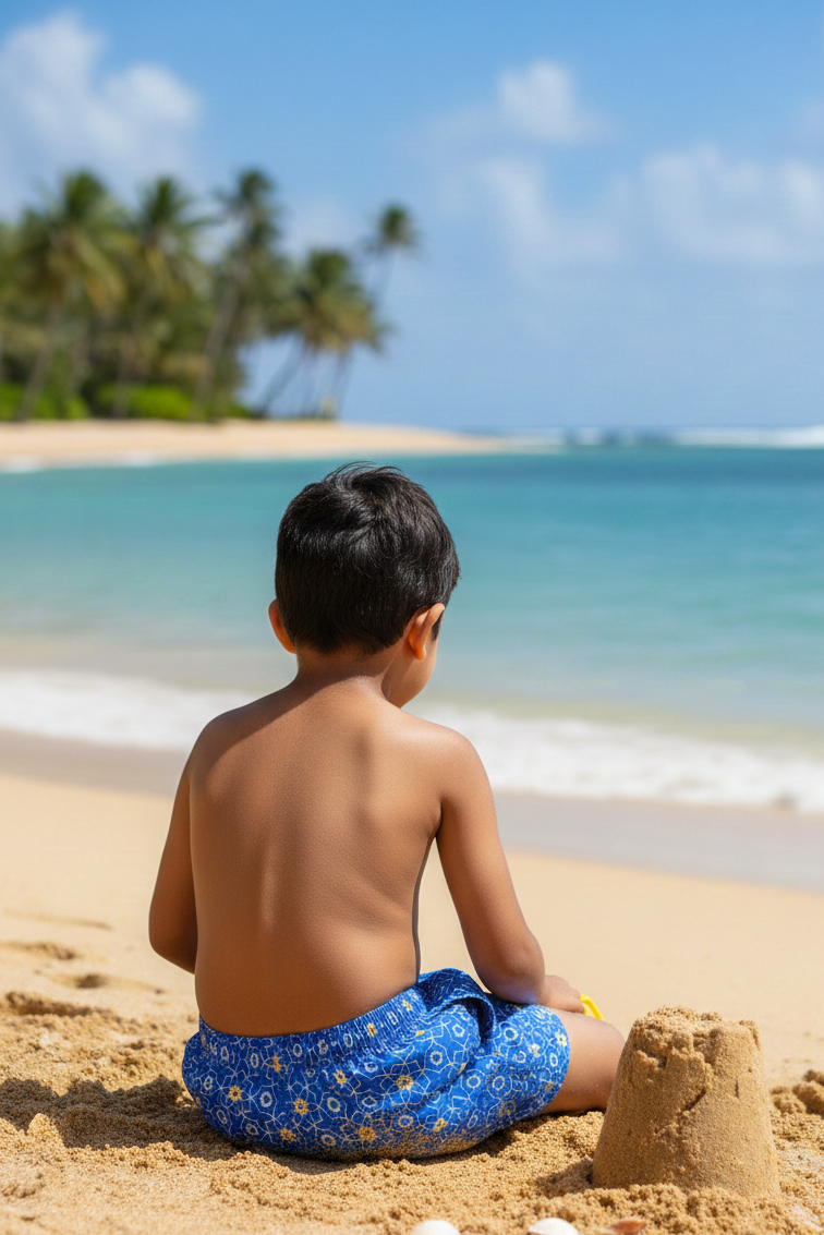 Designer Sorrento boy's swim shorts in floral printed quick-dry fabric with elastic waistband, adjustable drawstring, plus sizes and matching family set. Comfortable kids swimwear for beach and holiday outings.