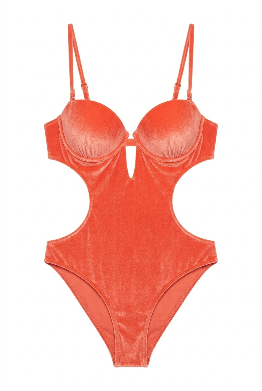 Starfire monokini for women, a one piece swimsuit with a cut-out design in orange, purple, and navy blue, perfect for stylish beachwear.