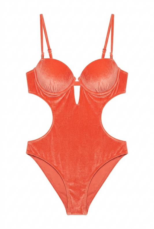 Starfire monokini for women, a one piece swimsuit with a cut-out design in orange, purple, and navy blue, perfect for stylish beachwear.