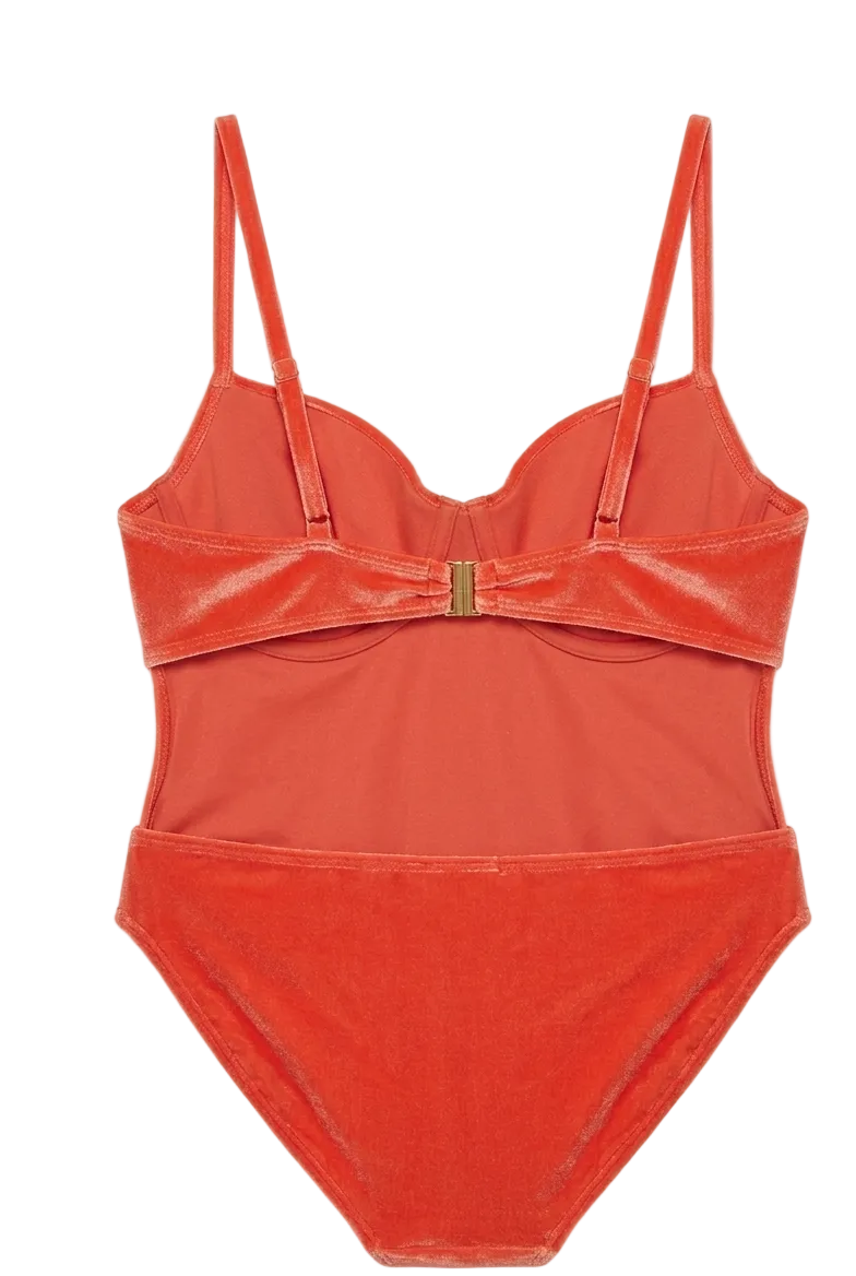Designer Starfire one-piece swimsuit for women in orange, navy blue and purple with side cut-outs, underwire, in-  built cups and an open back with a gold clasp. Customizable, stylish swimwear for sexy summer looks.