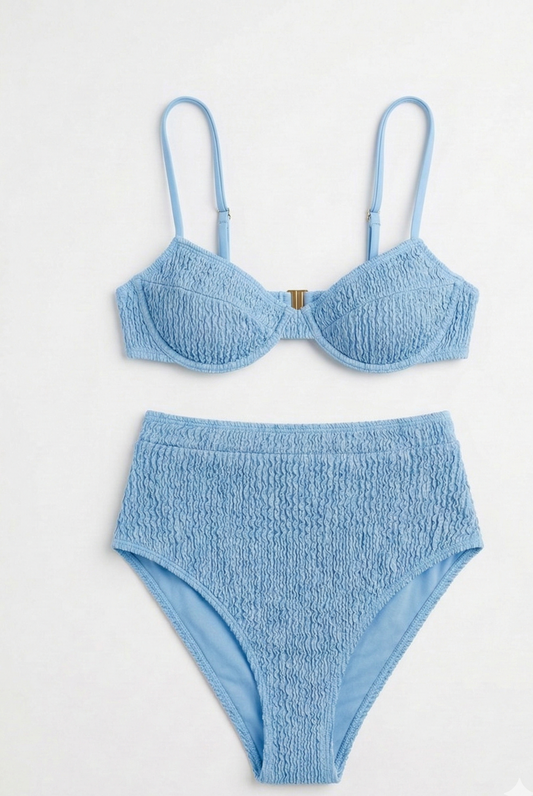 Tara olive green bikini set for women, textured underwire top, high waisted bottom, elegant beachwear swimwear