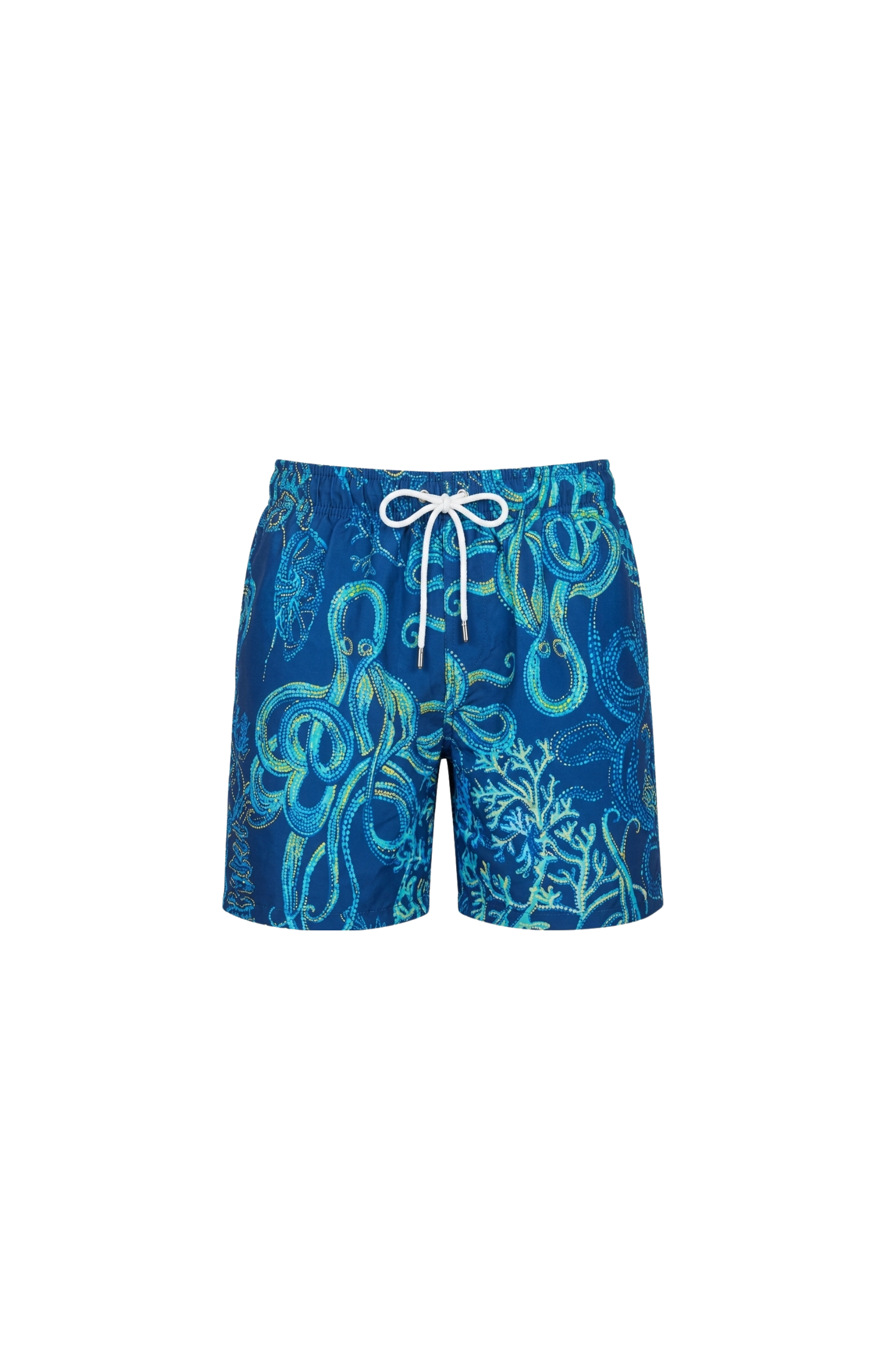 Designer, sustainable octopus print Tentacle Trance Men's blue board shorts swimwear in quick-dry fabric, UV protection, custom fit and plus sizes.