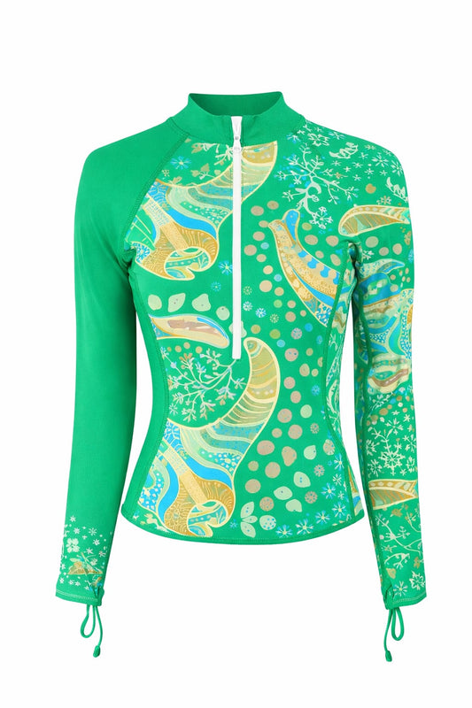 Unisex printed Tribal Manta rash guard swimwear, green sustainable beachwear and resort wear swim top with SPF 50 UV protection