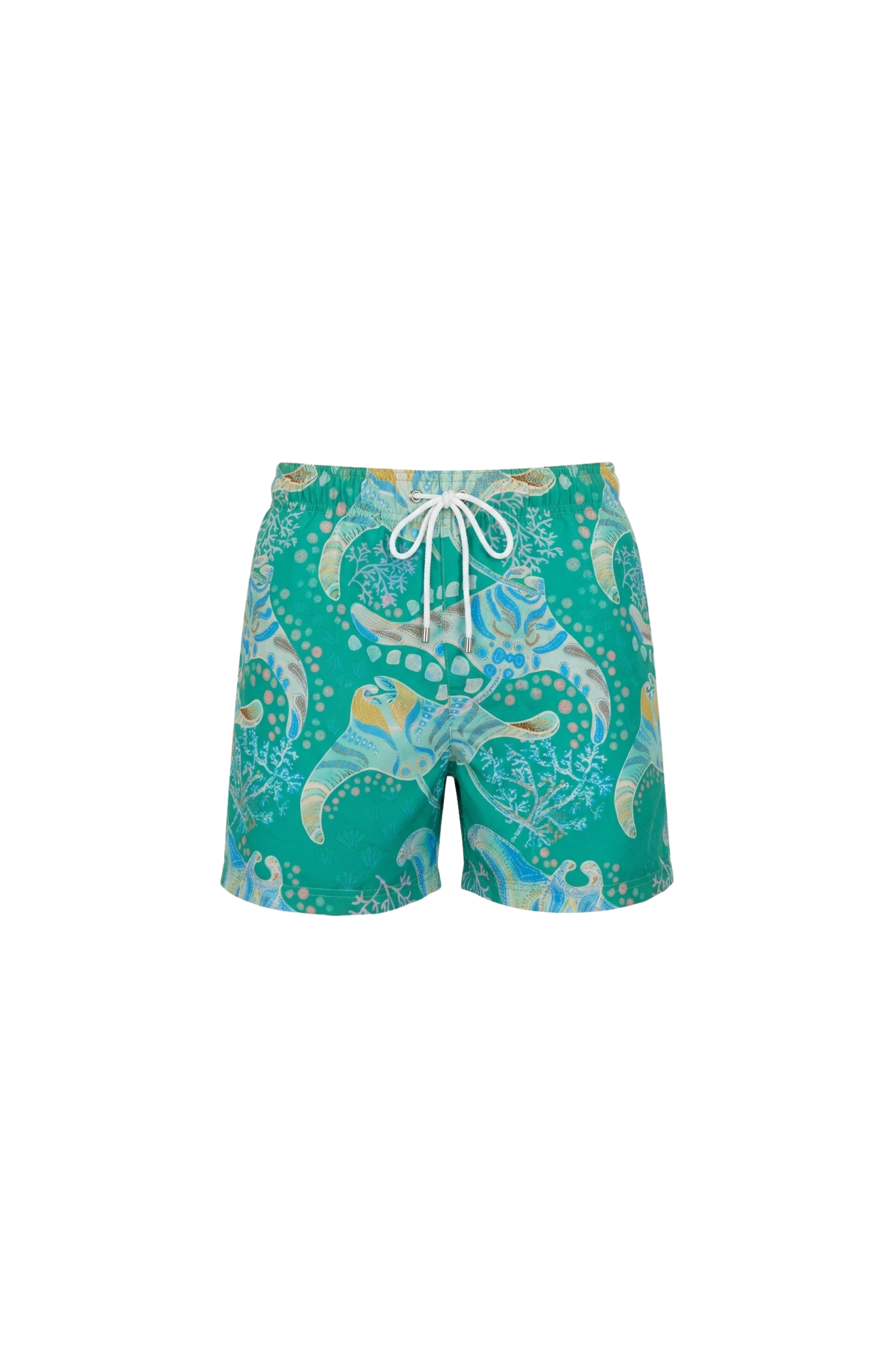 Designer Tribal Manta board shorts for men in green and blue oceanic tones, adjustable drawstring, quick-dry fabric, customized fit & plus sizes. Comfortable swimwear for summer getaways.