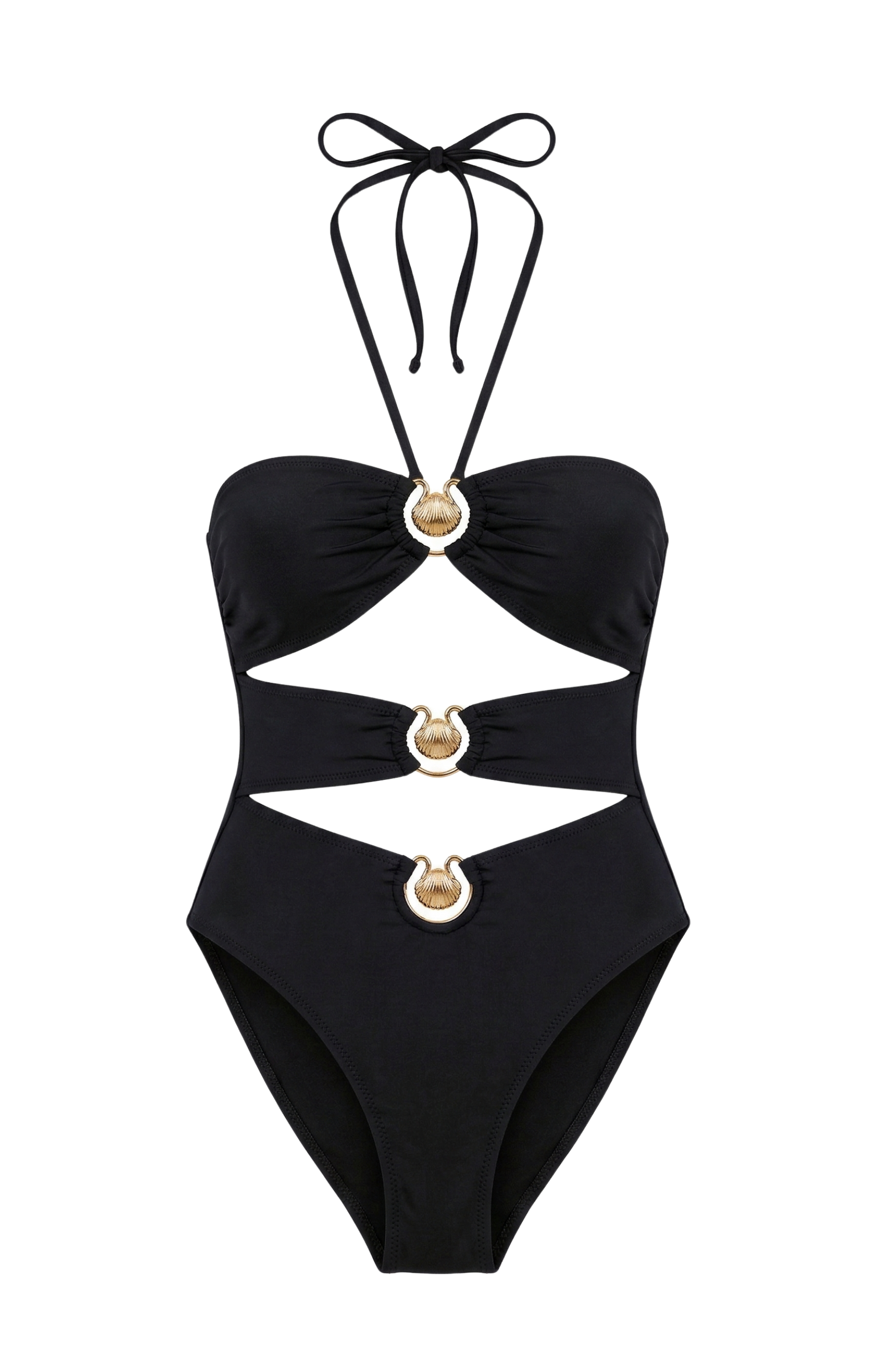 Designer, sexy maroon and black Triple Threat monokini swimsuit for women in quick-dry fabric with cut-outs, gold seashell ring, halter neck design removable cups, customized fit & plus sizes.