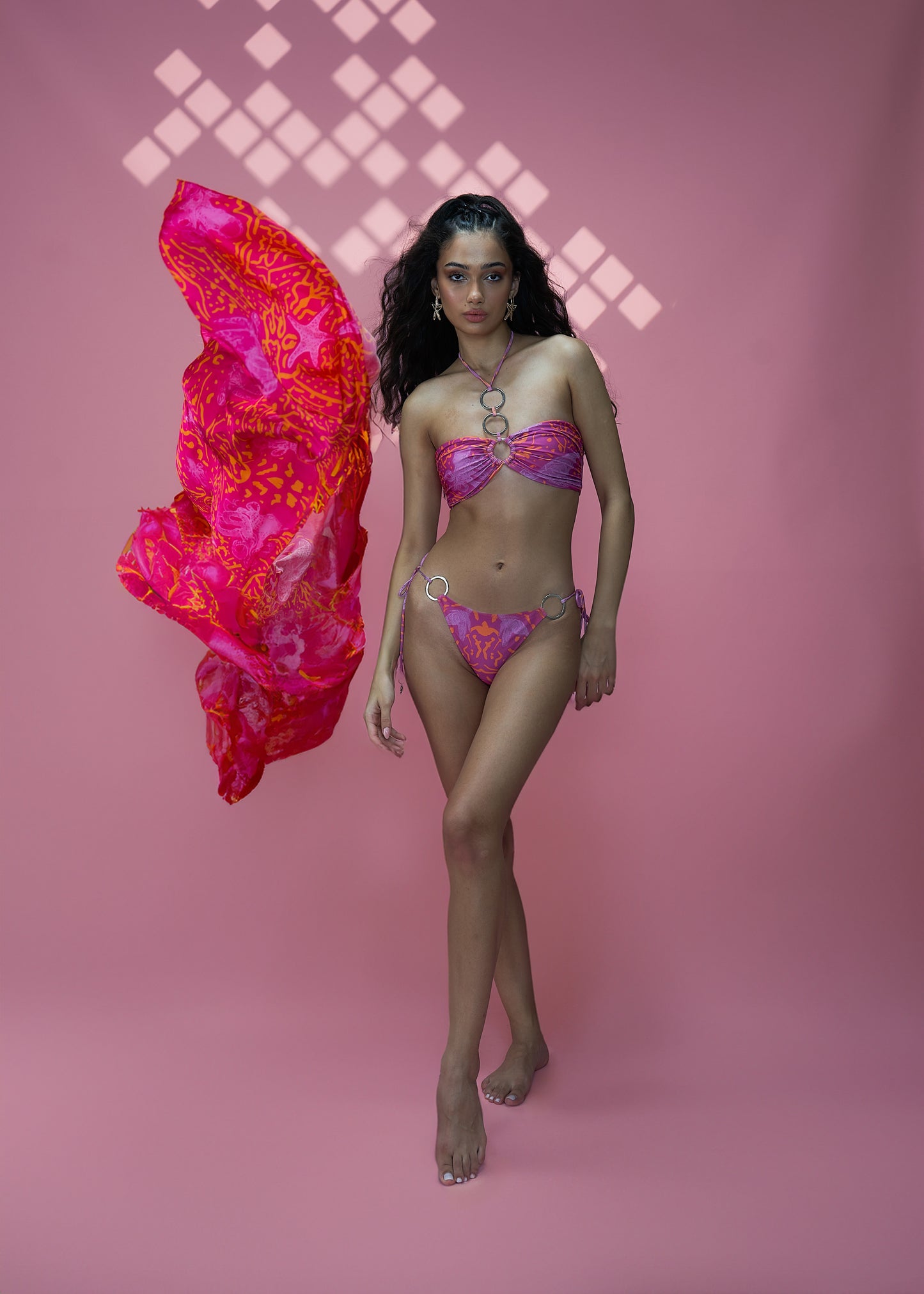 Pink printed bandeau bikini set with ring detail, luxury designer swimwear for stylish and comfortable beach wear