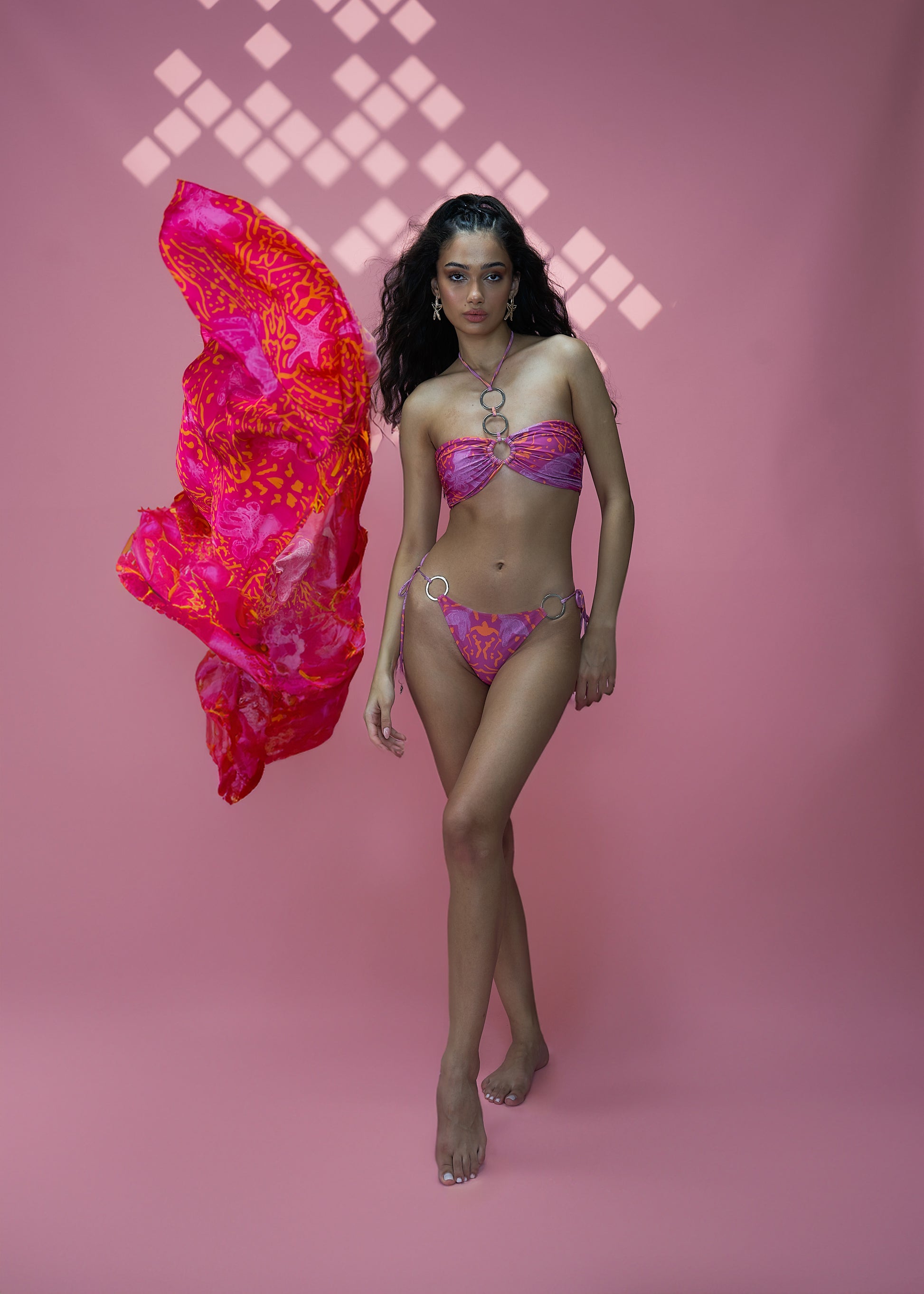 Pink printed bandeau bikini set with ring detail, luxury designer swimwear for stylish and comfortable beach wear