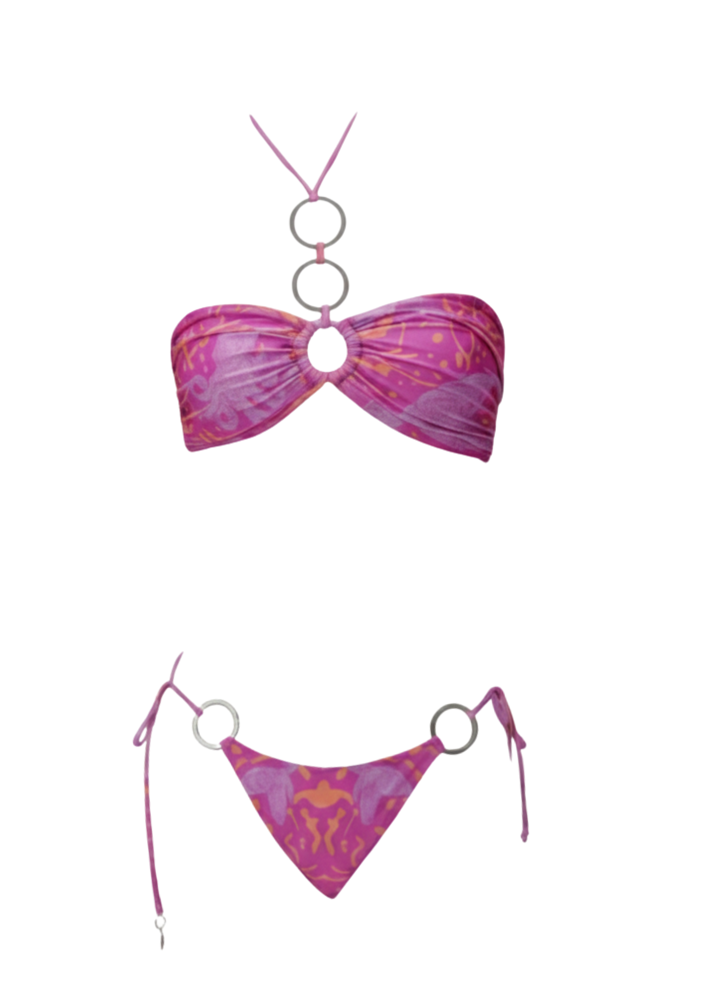 Pink printed bandeau bikini set with ring detail, luxury designer swimwear for stylish and comfortable beach wear